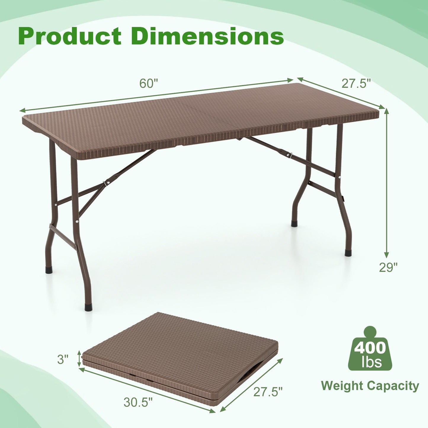 5FT Folding Picnic Table with Rattan Grain HDPE Tabletop and Sturdy Metal Fame-Coffee Kids Crystal