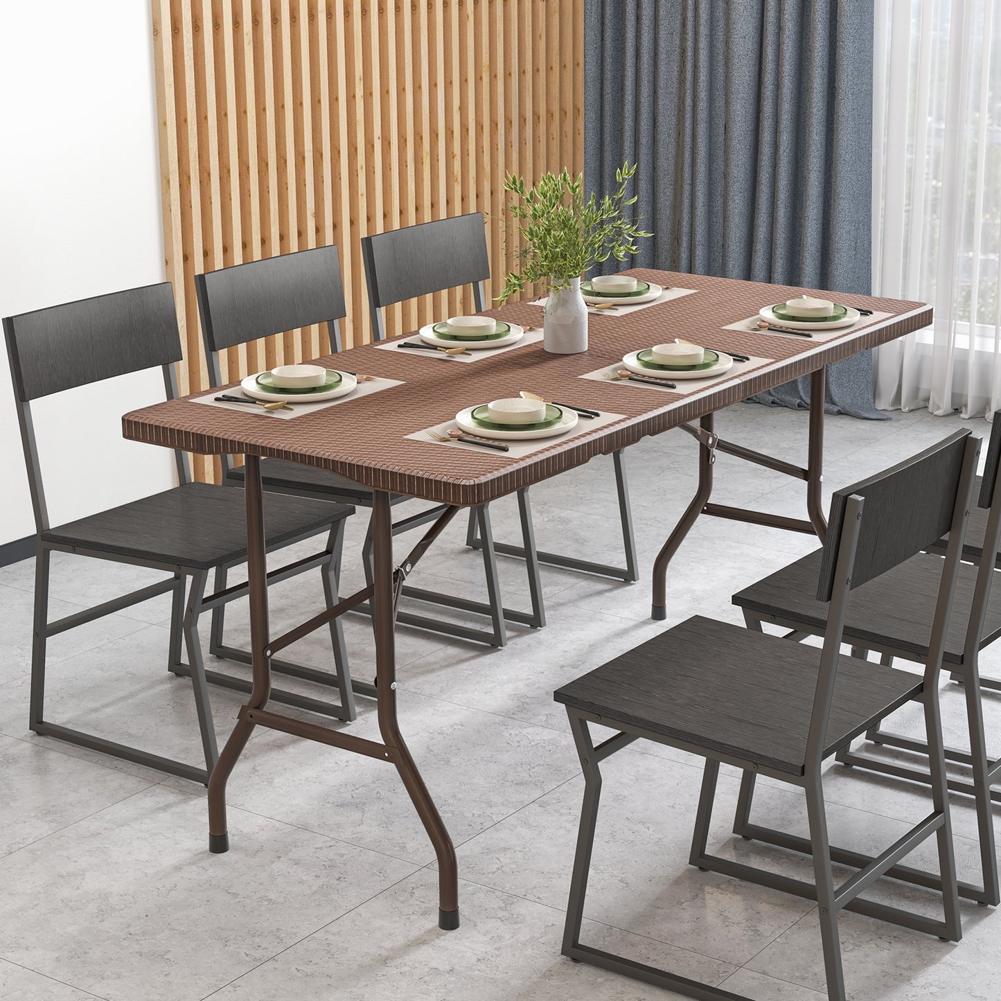 5FT Folding Picnic Table with Rattan Grain HDPE Tabletop and Sturdy Metal Fame-Coffee Kids Crystal