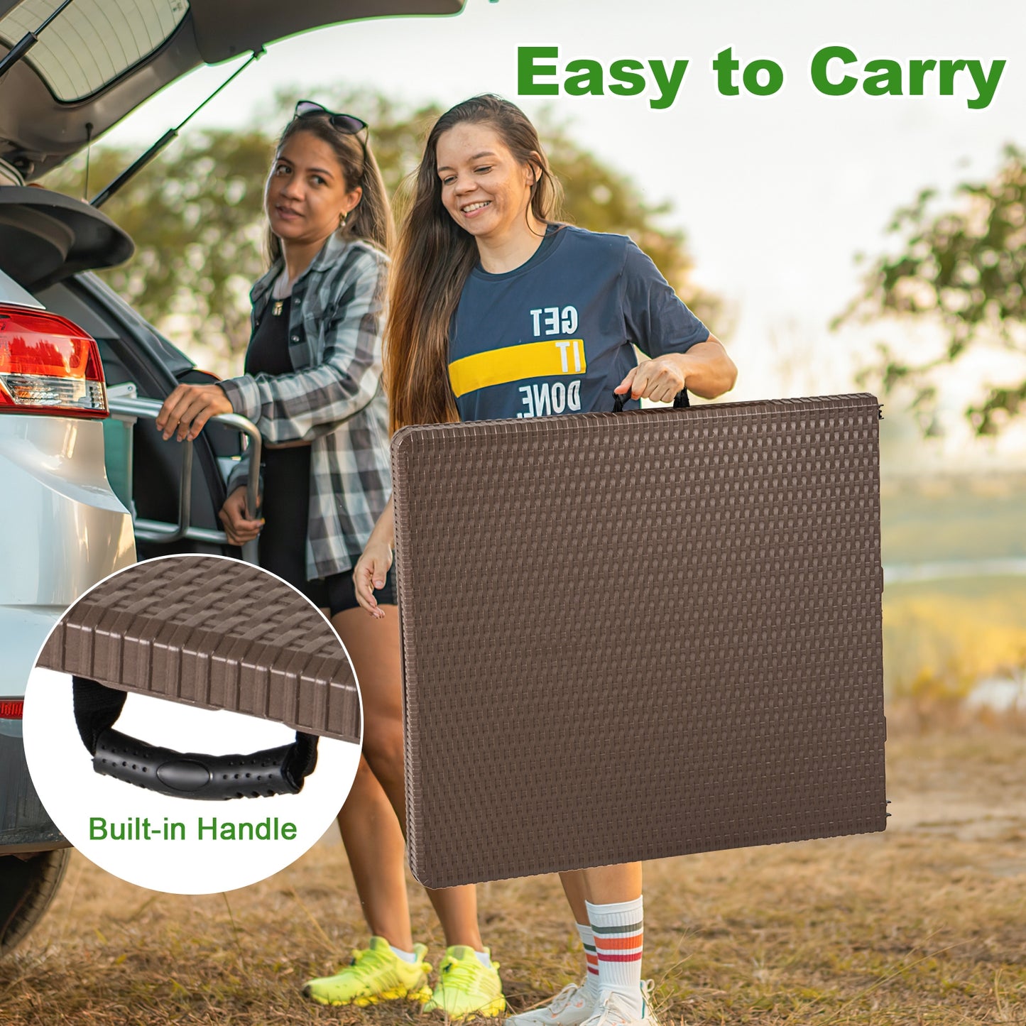 5FT Folding Picnic Table with Rattan Grain HDPE Tabletop and Sturdy Metal Fame-Coffee Kids Crystal