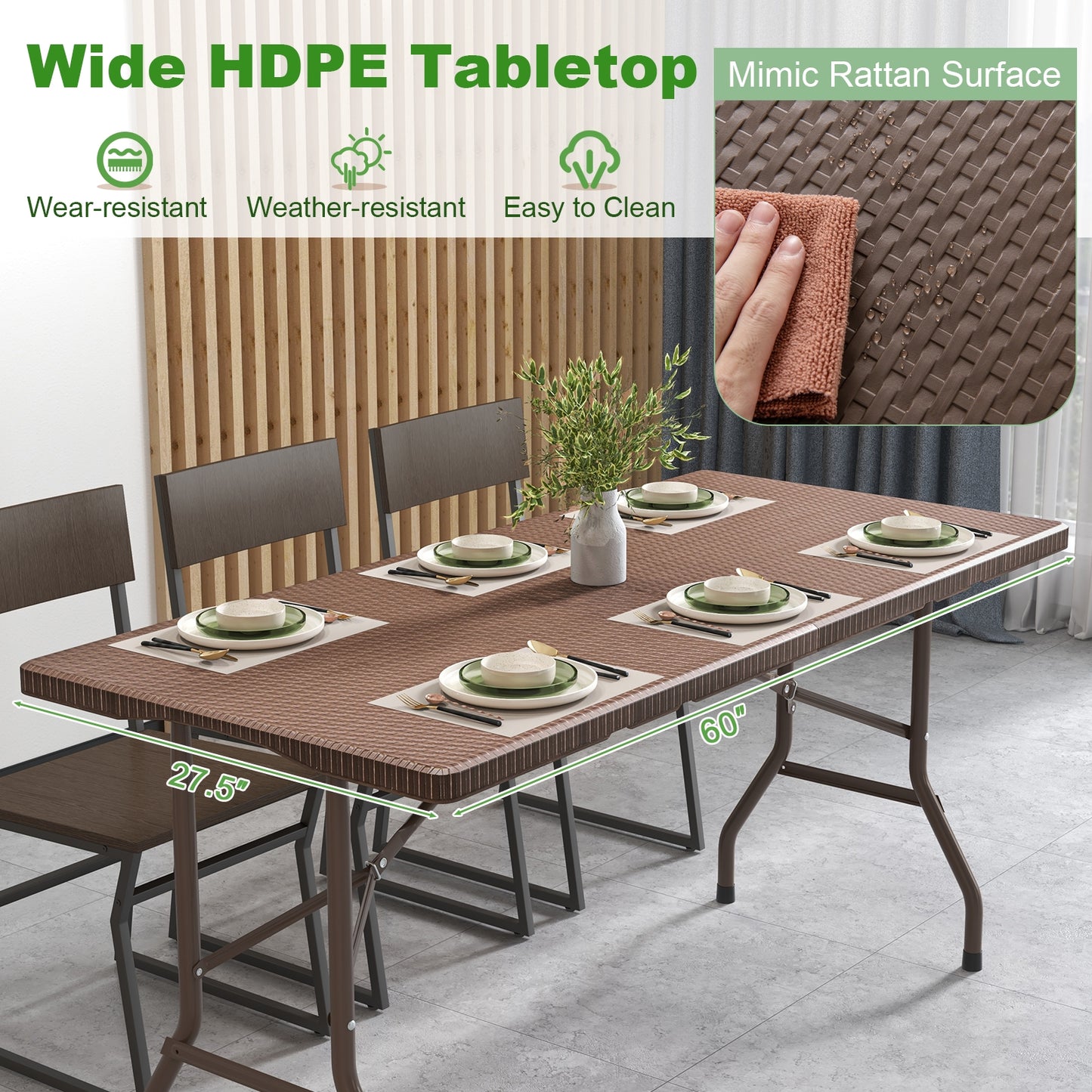 5FT Folding Picnic Table with Rattan Grain HDPE Tabletop and Sturdy Metal Fame-Coffee Kids Crystal