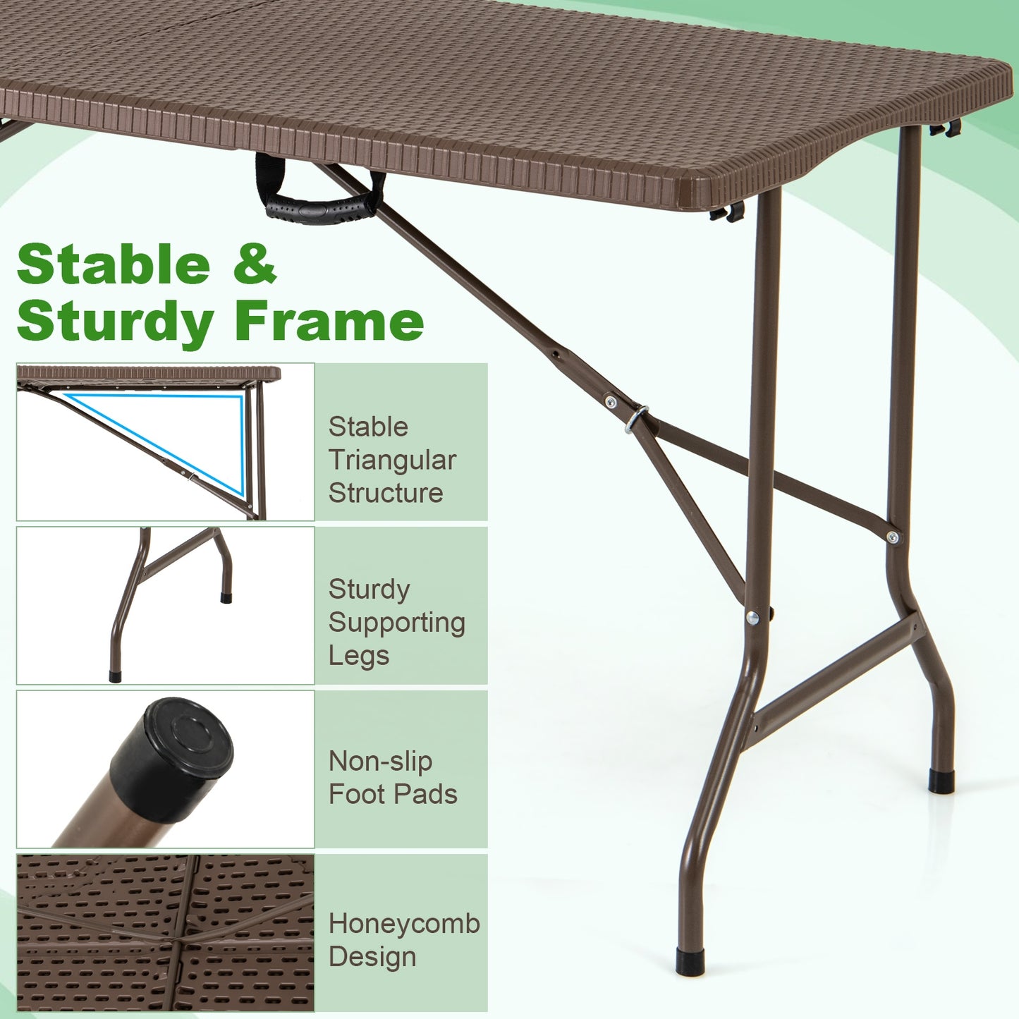 5FT Folding Picnic Table with Rattan Grain HDPE Tabletop and Sturdy Metal Fame-Coffee Kids Crystal