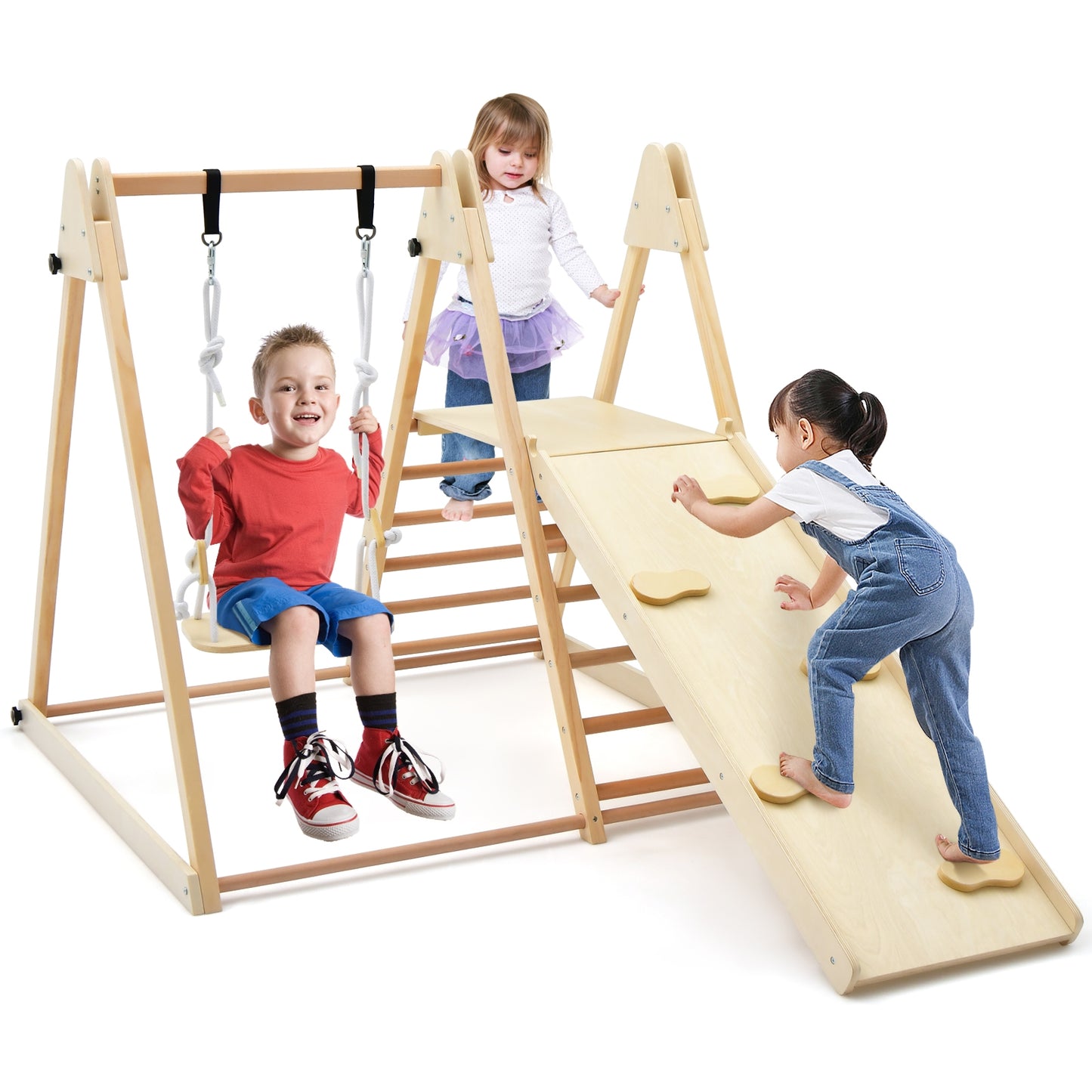 5-in-1 Indoor Jungle Gym Foldable Climber Playset with Fun Slide and Adjustable Swing Kids Crystal