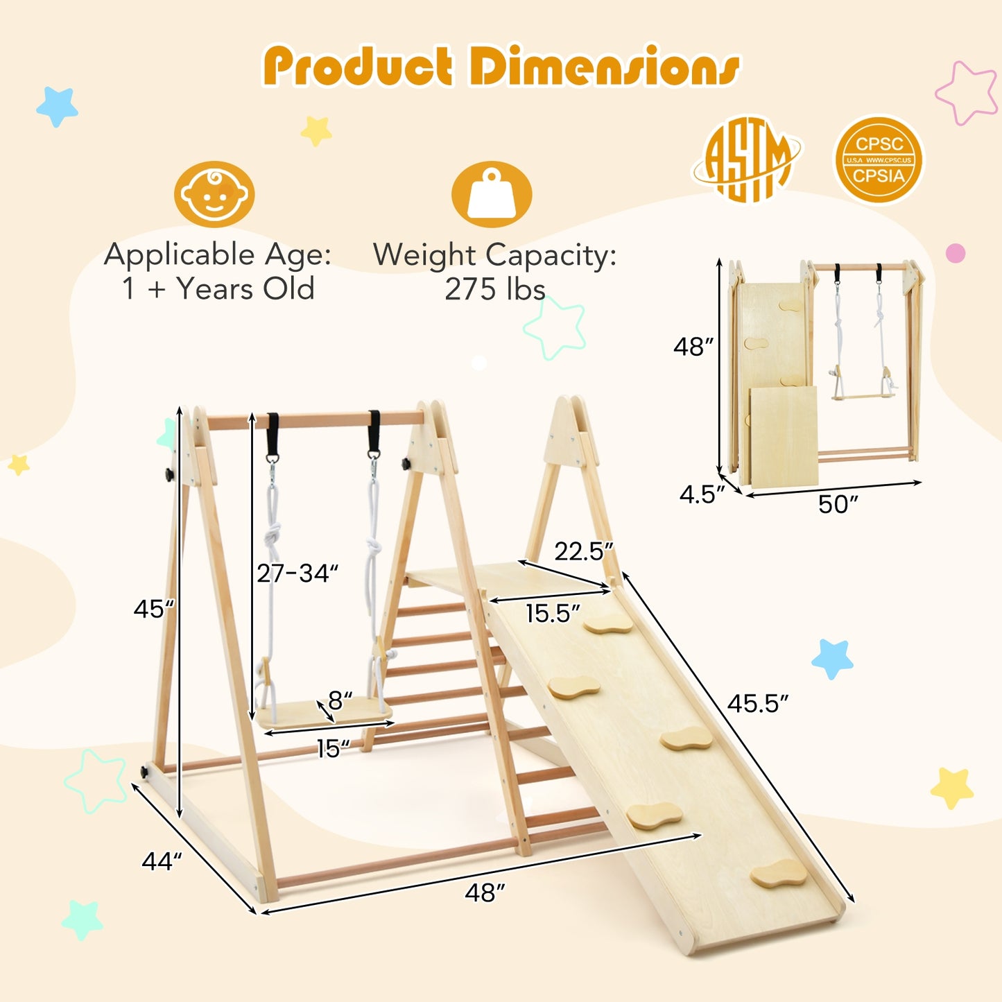 5-in-1 Indoor Jungle Gym Foldable Climber Playset with Fun Slide and Adjustable Swing Kids Crystal