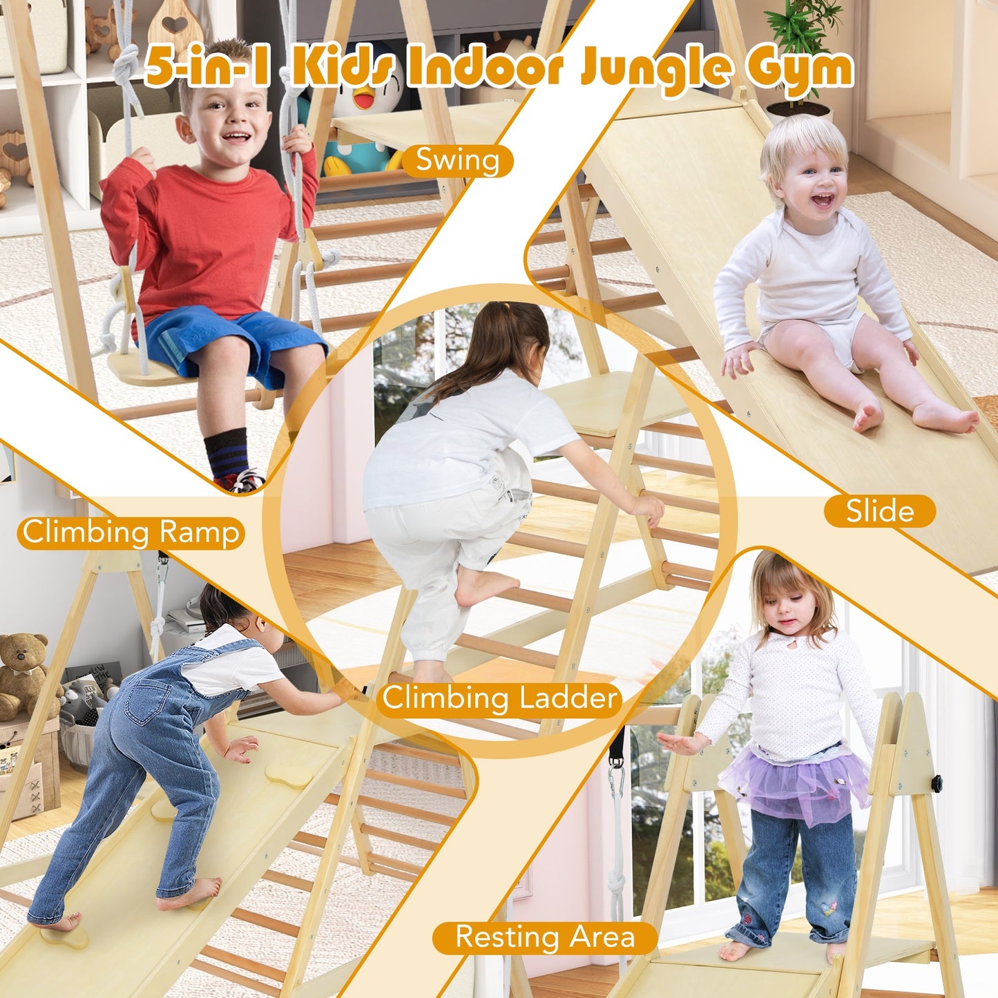 5-in-1 Indoor Jungle Gym Foldable Climber Playset with Fun Slide and Adjustable Swing Kids Crystal
