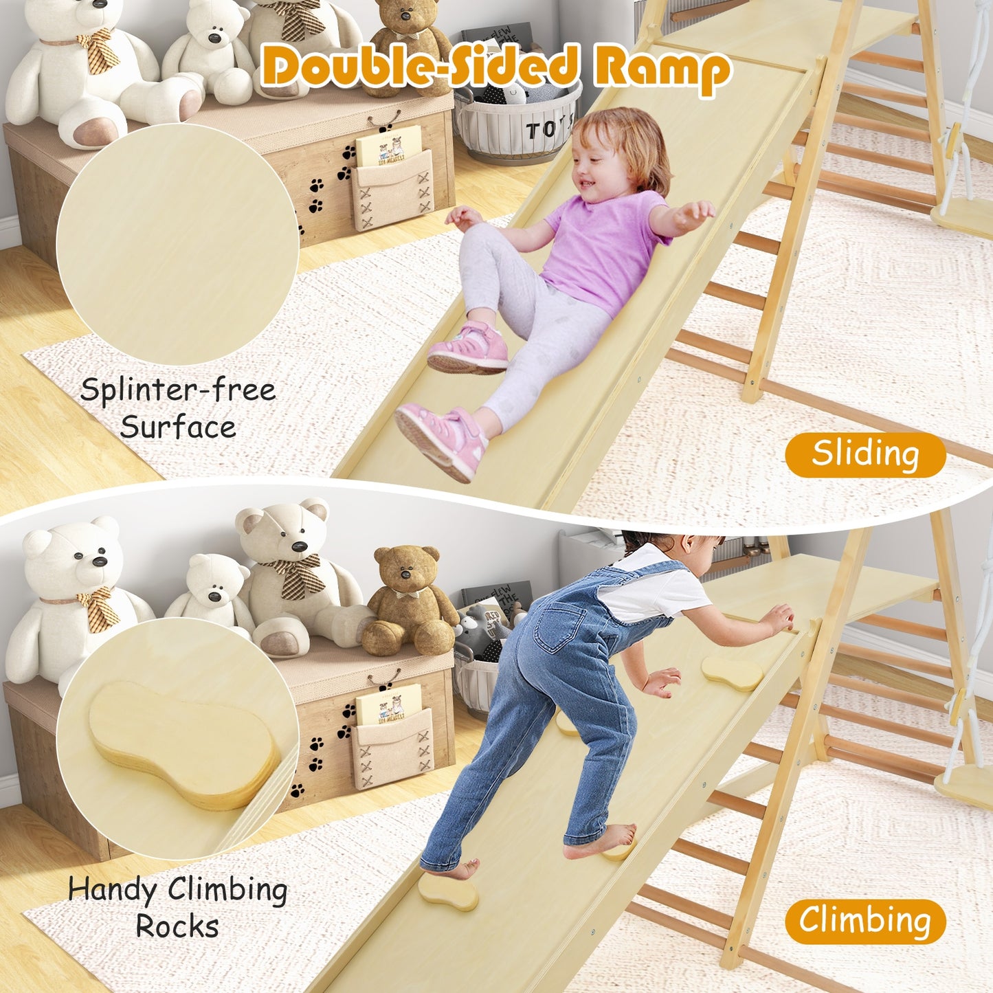 5-in-1 Indoor Jungle Gym Foldable Climber Playset with Fun Slide and Adjustable Swing Kids Crystal