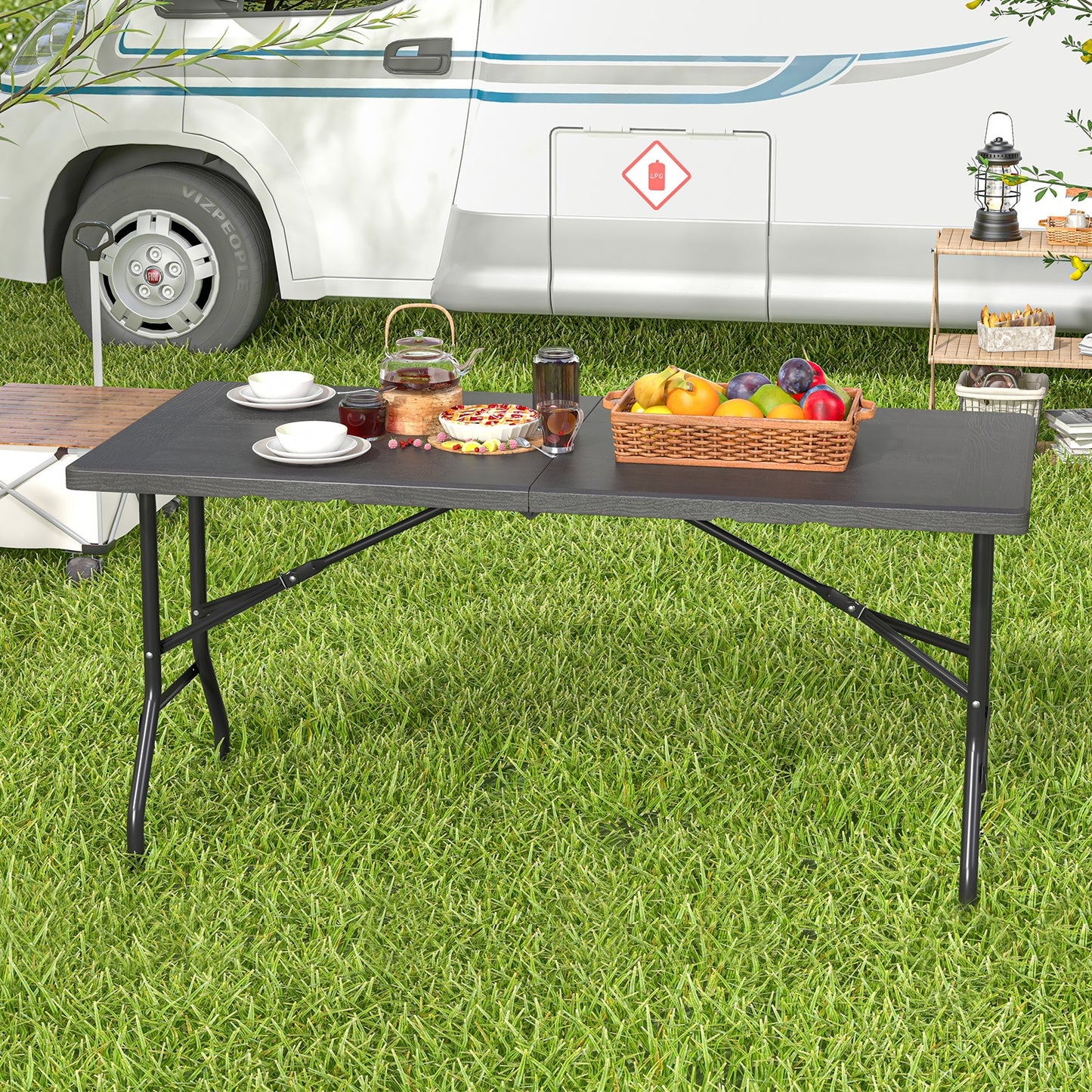 5FT Folding Picnic Table with Wood Grain HDPE Tabletop and Non-slip Foot Pads-Black Kids Crystal