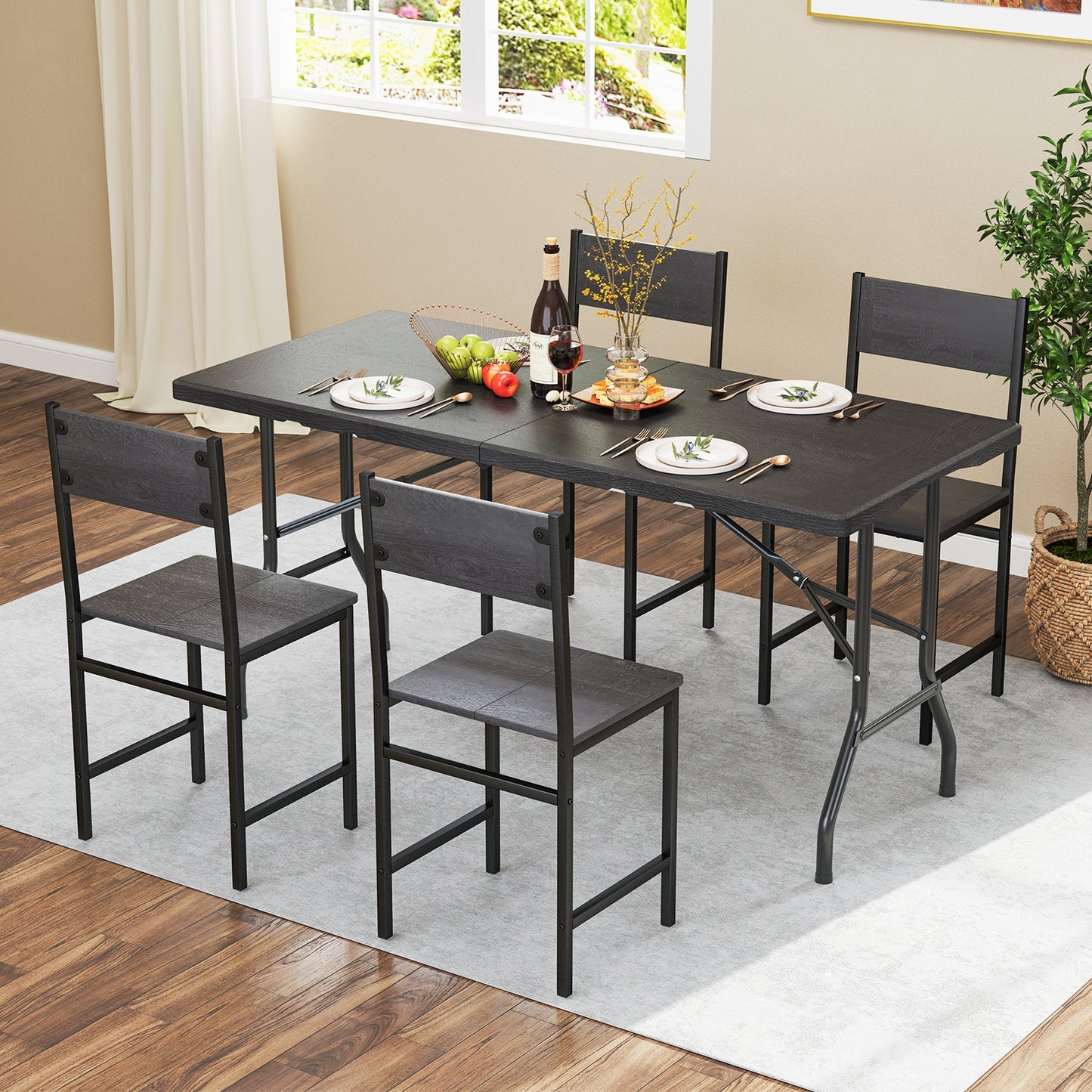 5FT Folding Picnic Table with Wood Grain HDPE Tabletop and Non-slip Foot Pads-Black Kids Crystal