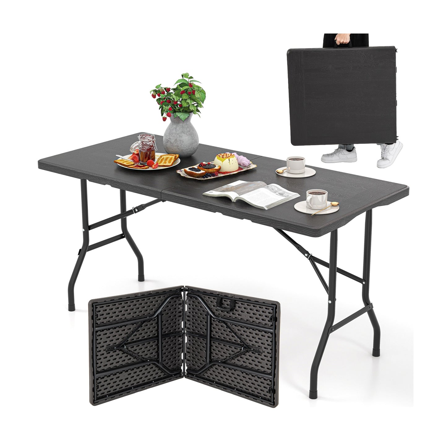 5FT Folding Picnic Table with Wood Grain HDPE Tabletop and Non-slip Foot Pads-Black Kids Crystal