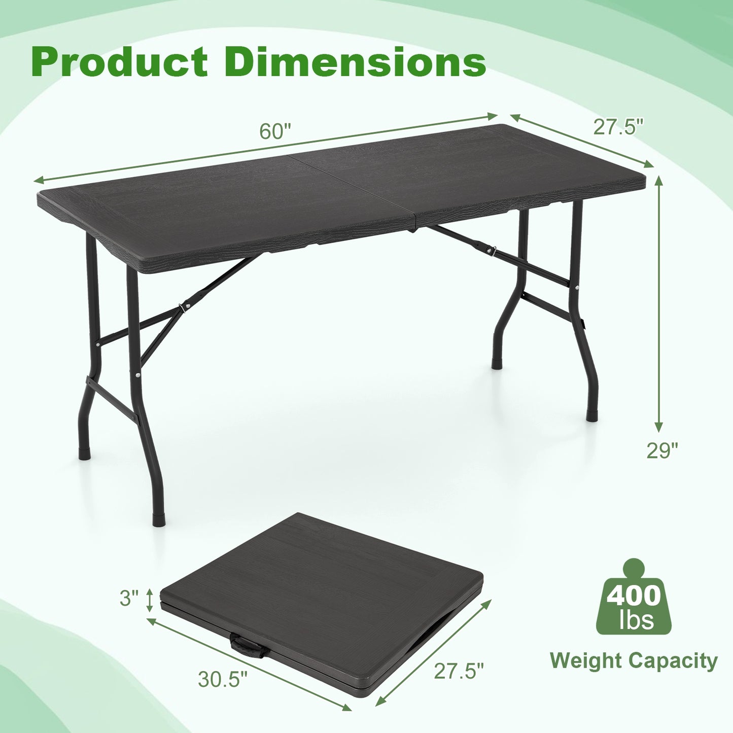 5FT Folding Picnic Table with Wood Grain HDPE Tabletop and Non-slip Foot Pads-Black Kids Crystal