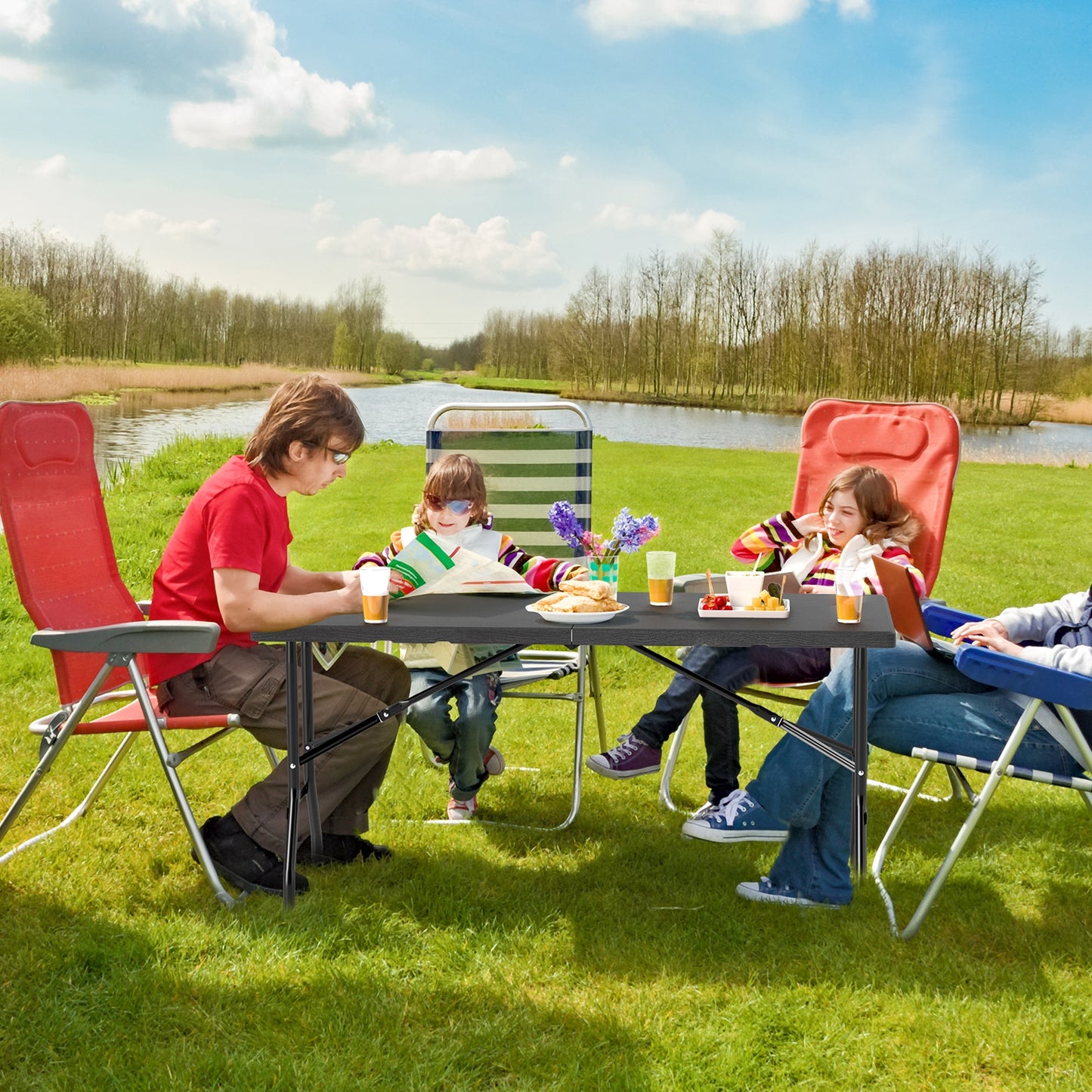 5FT Folding Picnic Table with Wood Grain HDPE Tabletop and Non-slip Foot Pads-Black Kids Crystal