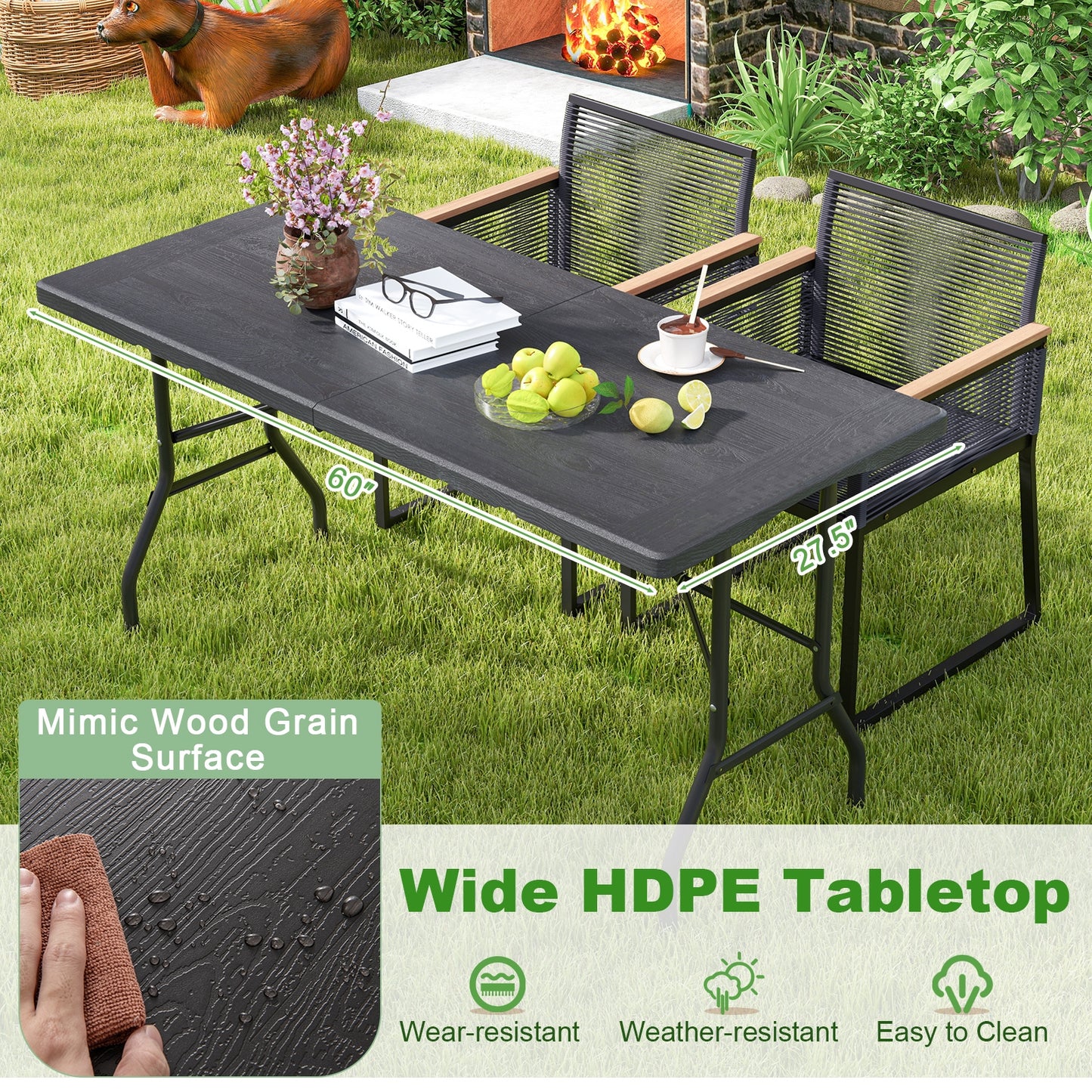 5FT Folding Picnic Table with Wood Grain HDPE Tabletop and Non-slip Foot Pads-Black Kids Crystal