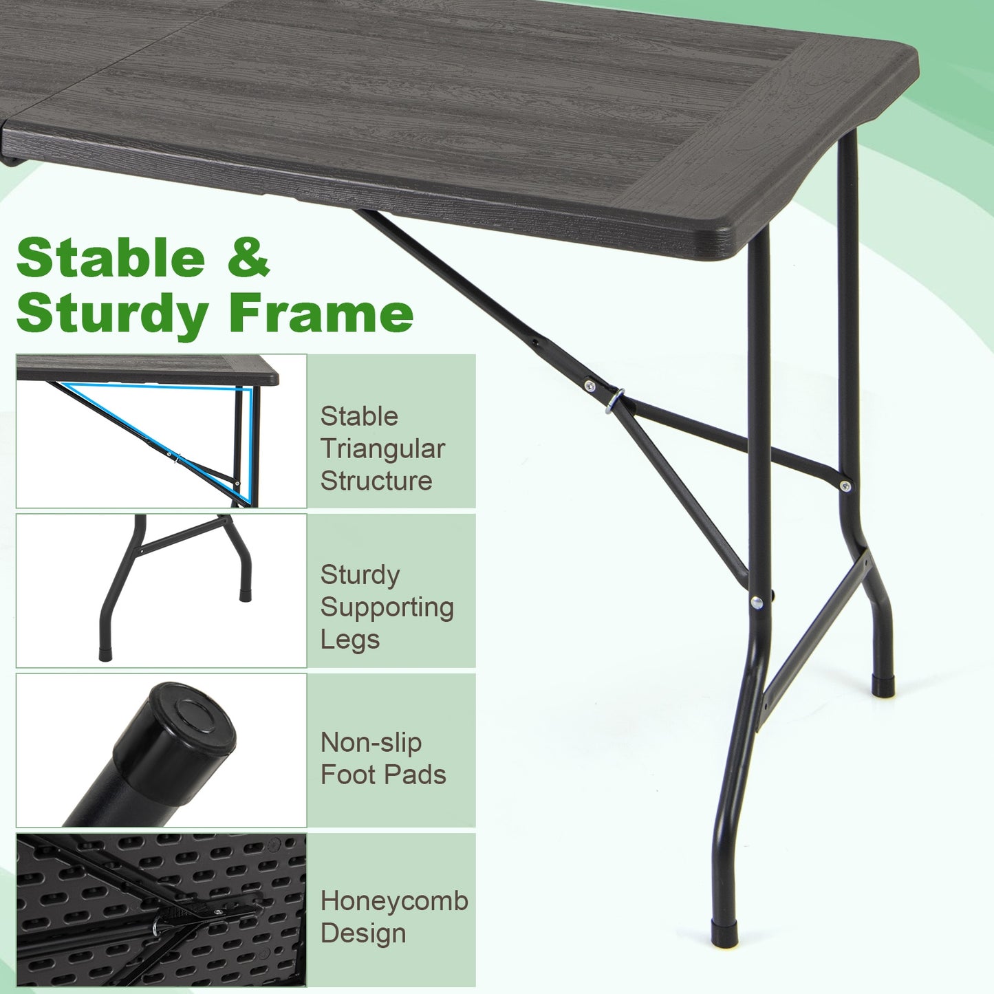 5FT Folding Picnic Table with Wood Grain HDPE Tabletop and Non-slip Foot Pads-Black Kids Crystal