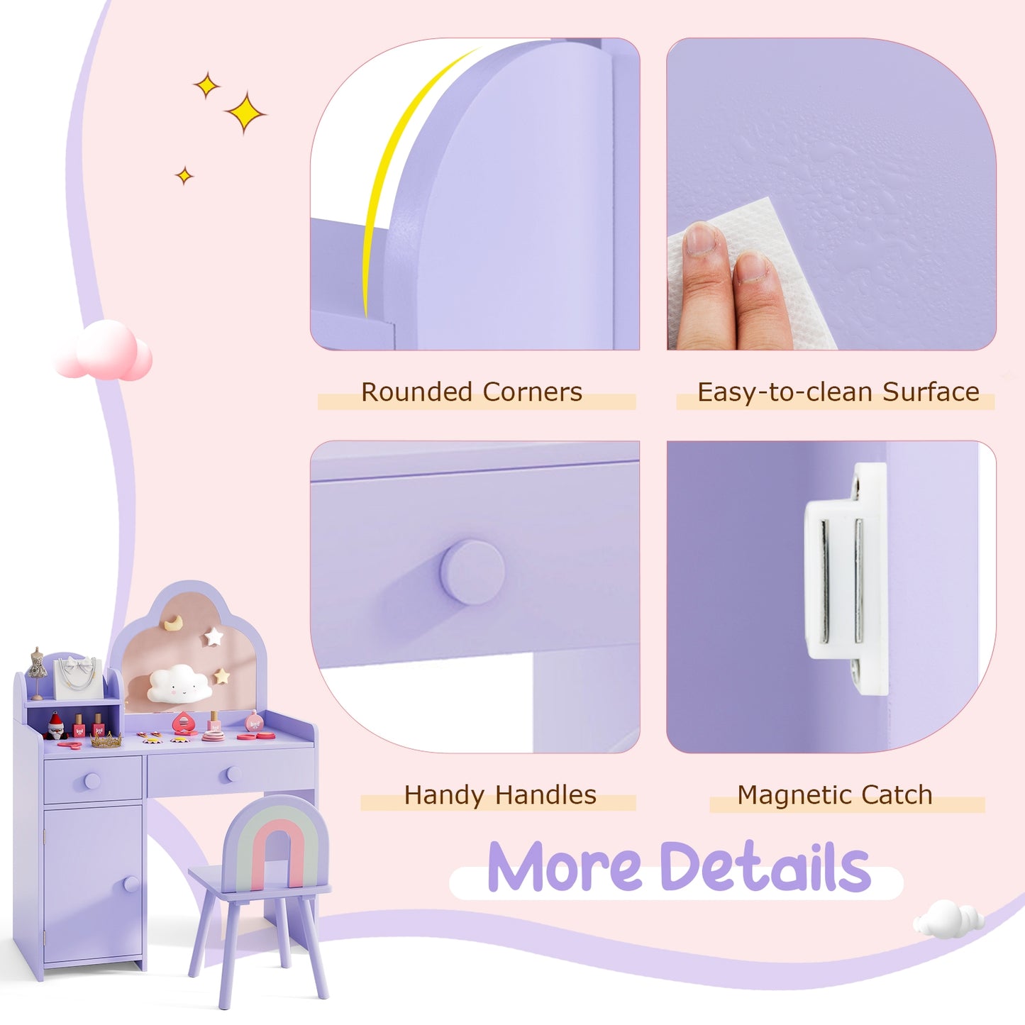 Kids Vanity Table and Chair Set with Cloud-shaped Mirror and Open Shelf-Purple Kids Crystal