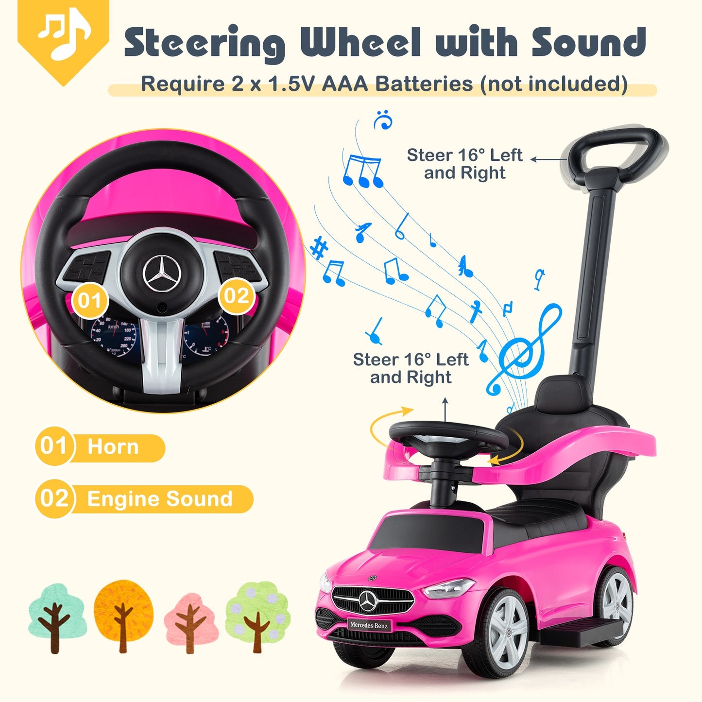 3-in-1 Ride on Push Car Mercedes-Benz Licensed Sliding Car with Canopy-Pink Kids Crystal