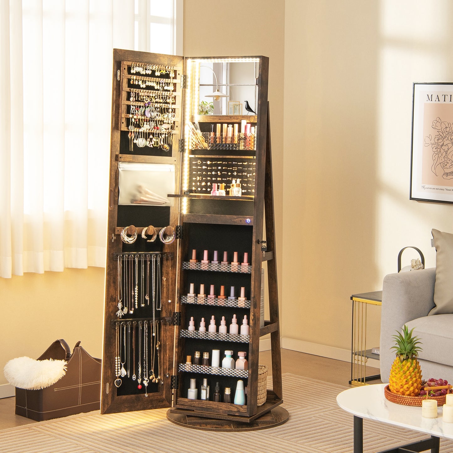 Standing Jewelry Cabinet with Adjustable LED Lights-Coffee Kids Crystal