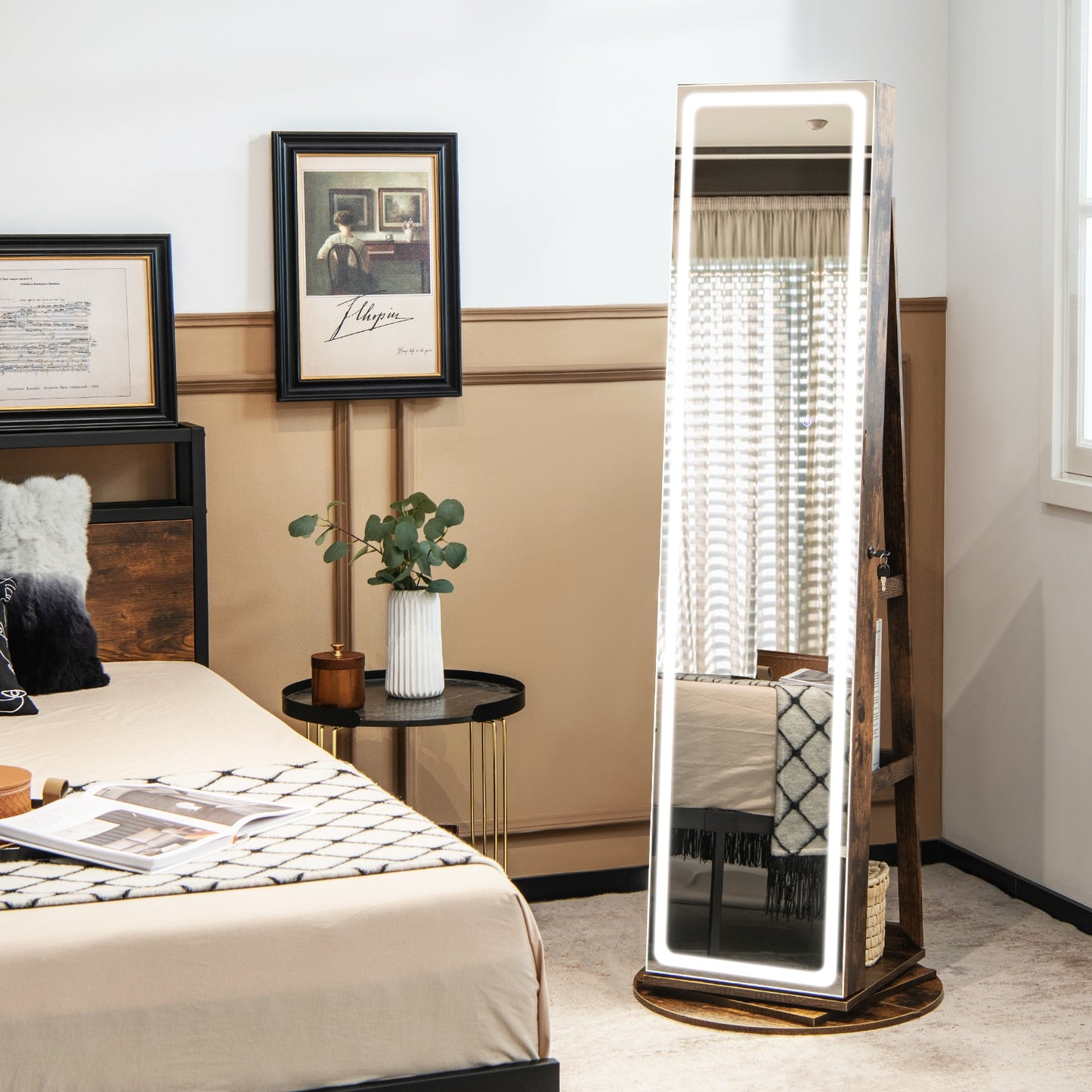 Standing Jewelry Cabinet with Adjustable LED Lights-Coffee Kids Crystal