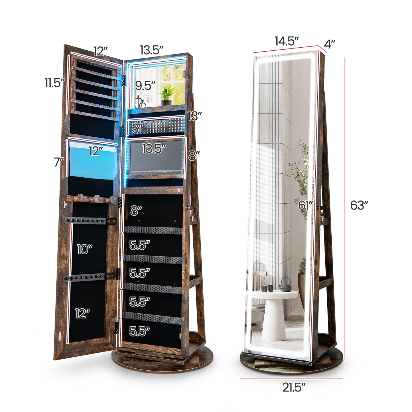 Standing Jewelry Cabinet with Adjustable LED Lights-Coffee Kids Crystal