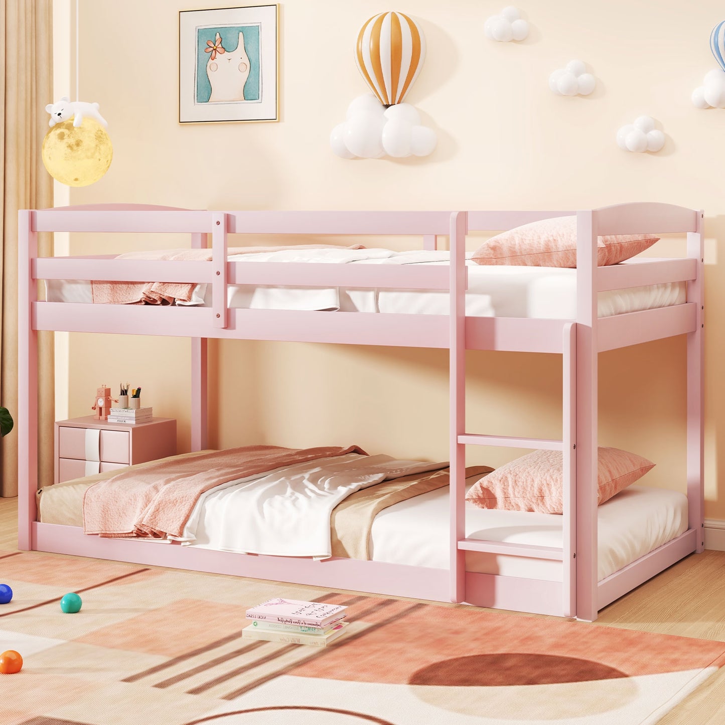 Twin Size Bunk Bed with High Guardrails and Integrated Ladder-Pink Kids Crystal