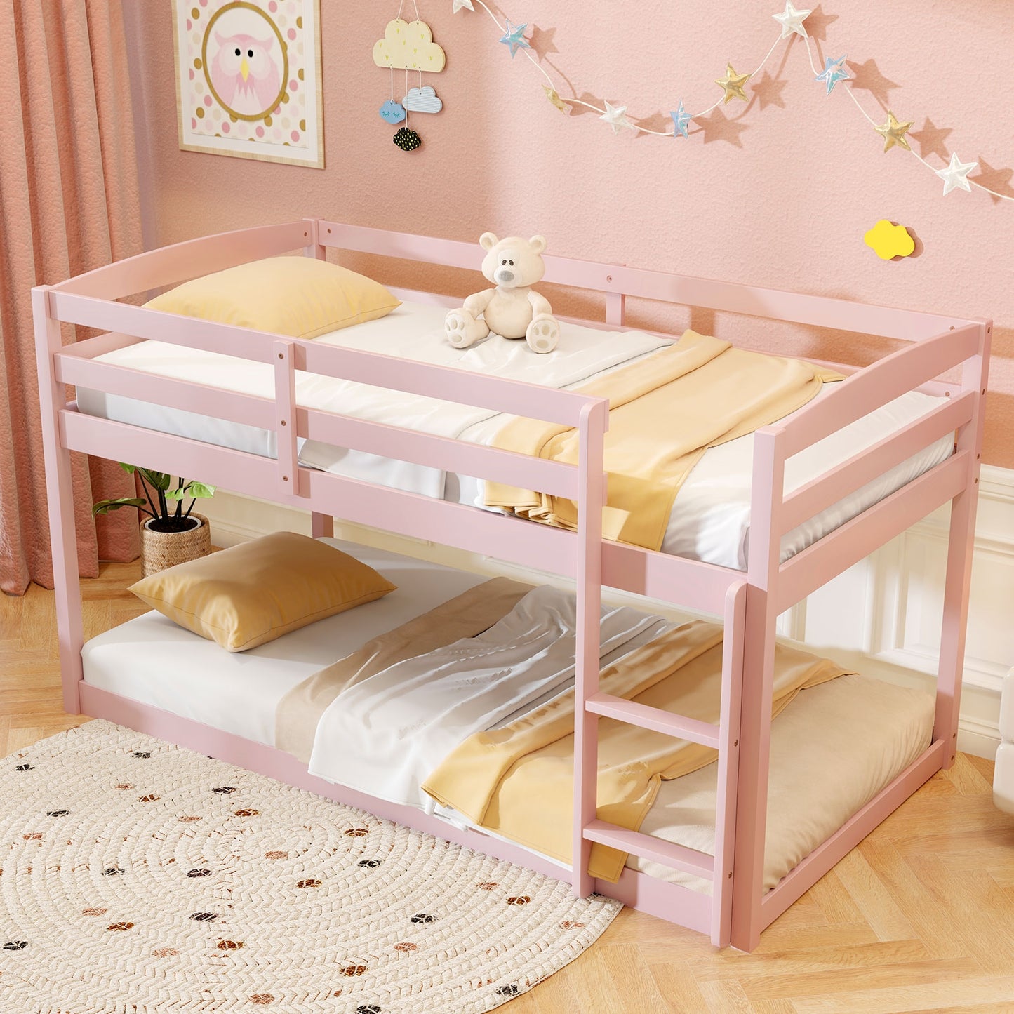 Twin Size Bunk Bed with High Guardrails and Integrated Ladder-Pink Kids Crystal
