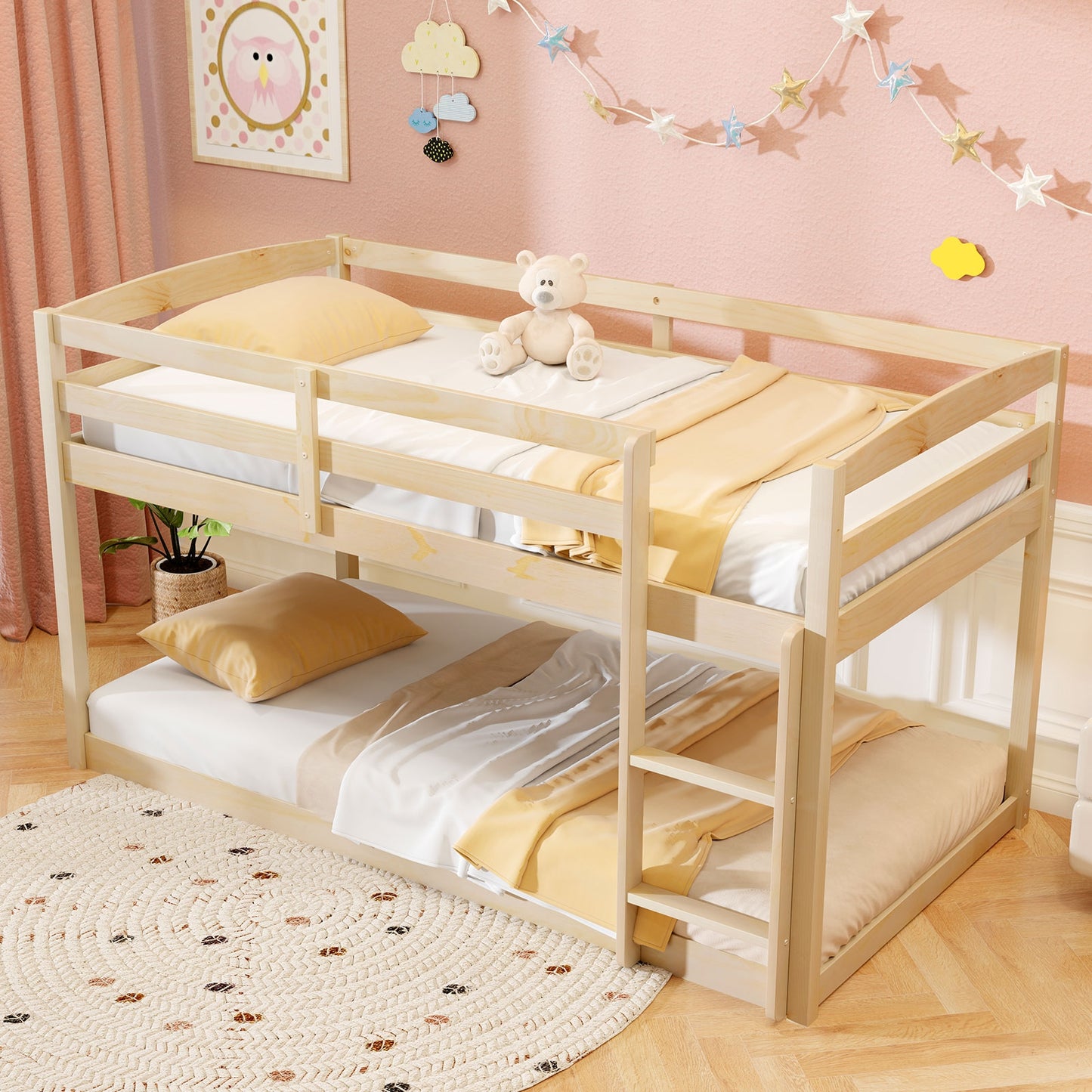Twin Size Bunk Bed with High Guardrails and Integrated Ladder-Natural Kids Crystal