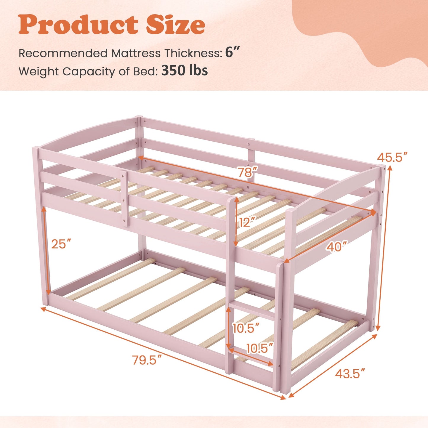 Twin Size Bunk Bed with High Guardrails and Integrated Ladder-Pink Kids Crystal