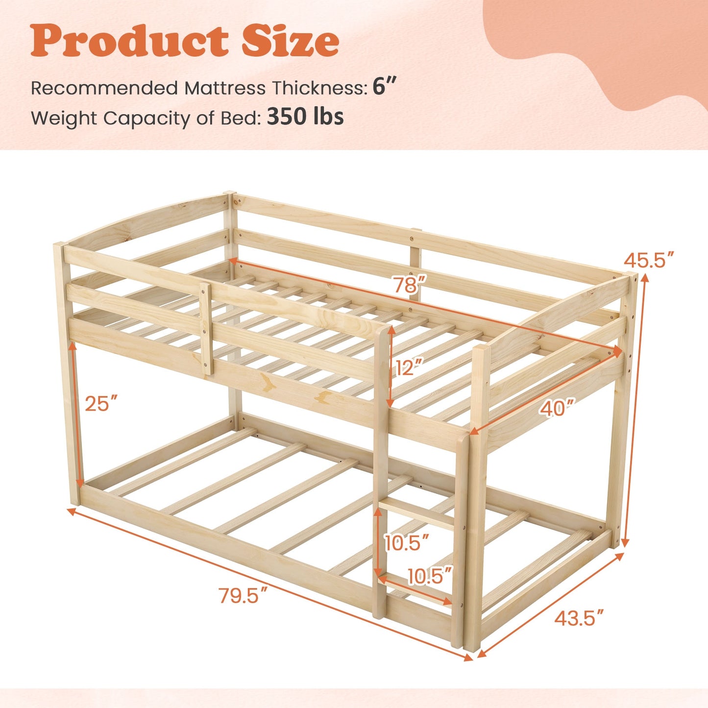 Twin Size Bunk Bed with High Guardrails and Integrated Ladder-Natural Kids Crystal