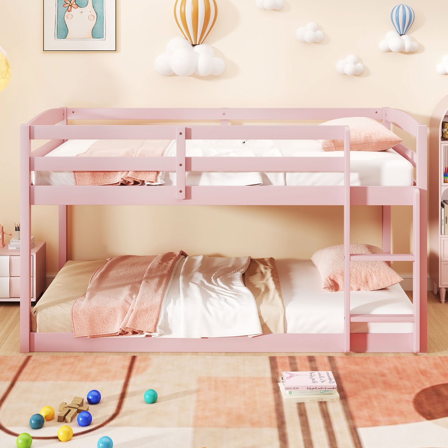 Twin Size Bunk Bed with High Guardrails and Integrated Ladder-Pink Kids Crystal