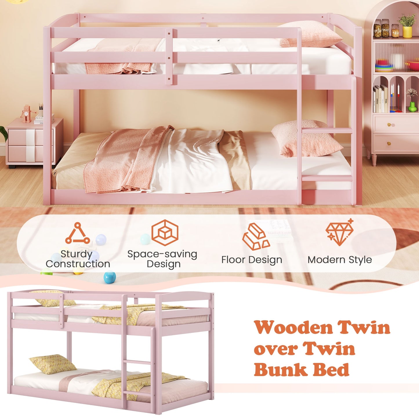 Twin Size Bunk Bed with High Guardrails and Integrated Ladder-Pink Kids Crystal