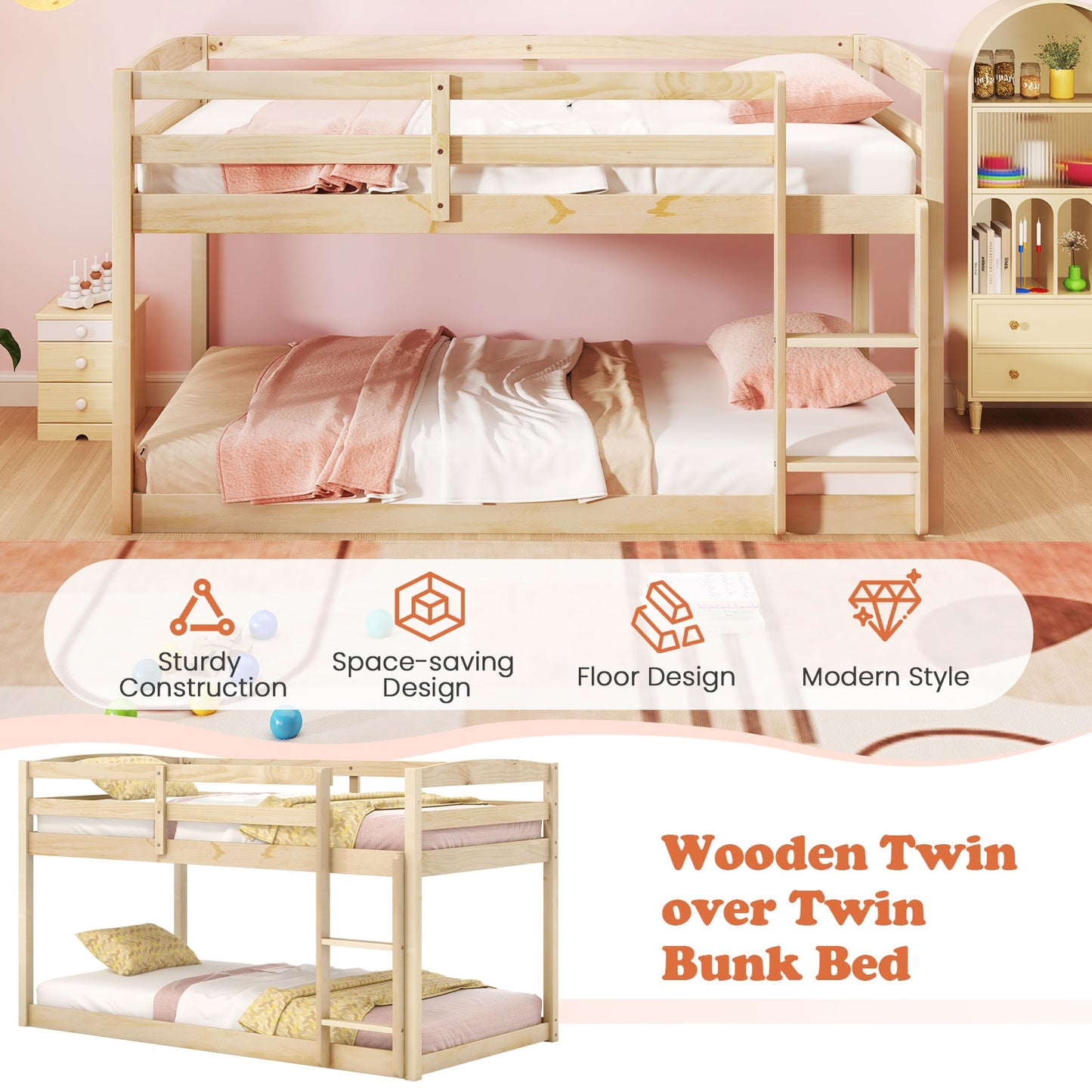 Twin Size Bunk Bed with High Guardrails and Integrated Ladder-Natural Kids Crystal