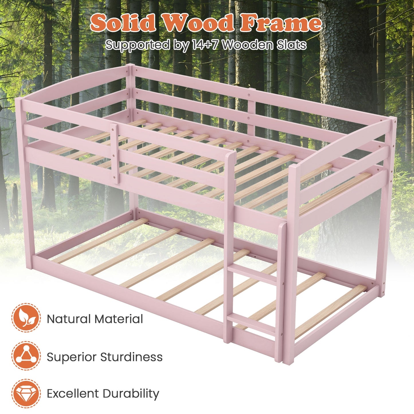 Twin Size Bunk Bed with High Guardrails and Integrated Ladder-Pink Kids Crystal