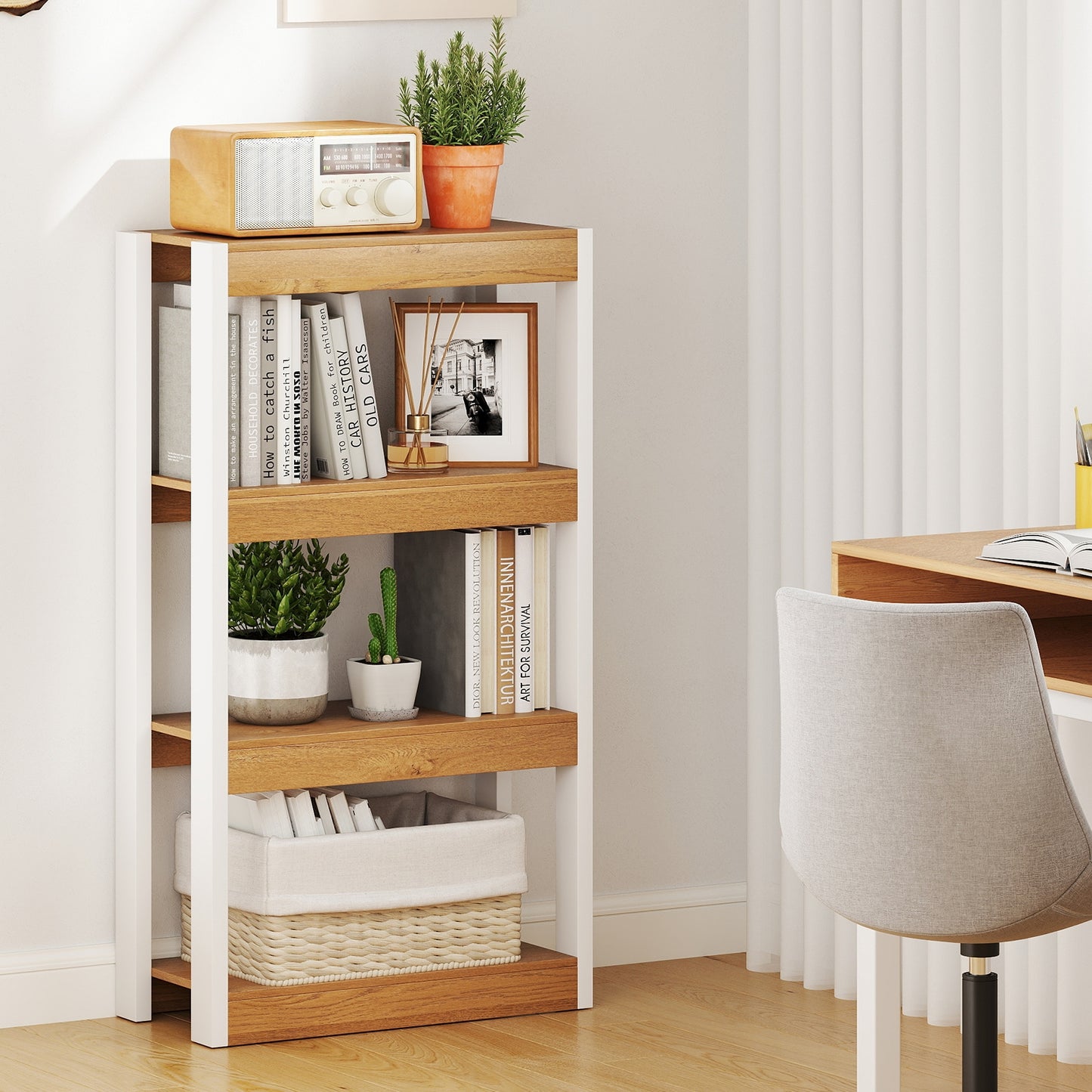 4 Tier Bookshelf Wooden Bookcase with Dual Anti-Tipping Kits-Natural Kids Crystal