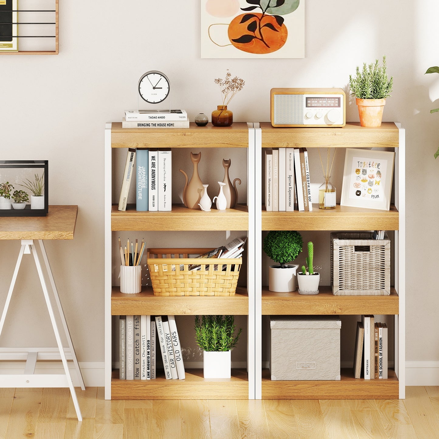 4 Tier Bookshelf Wooden Bookcase with Dual Anti-Tipping Kits-Natural Kids Crystal