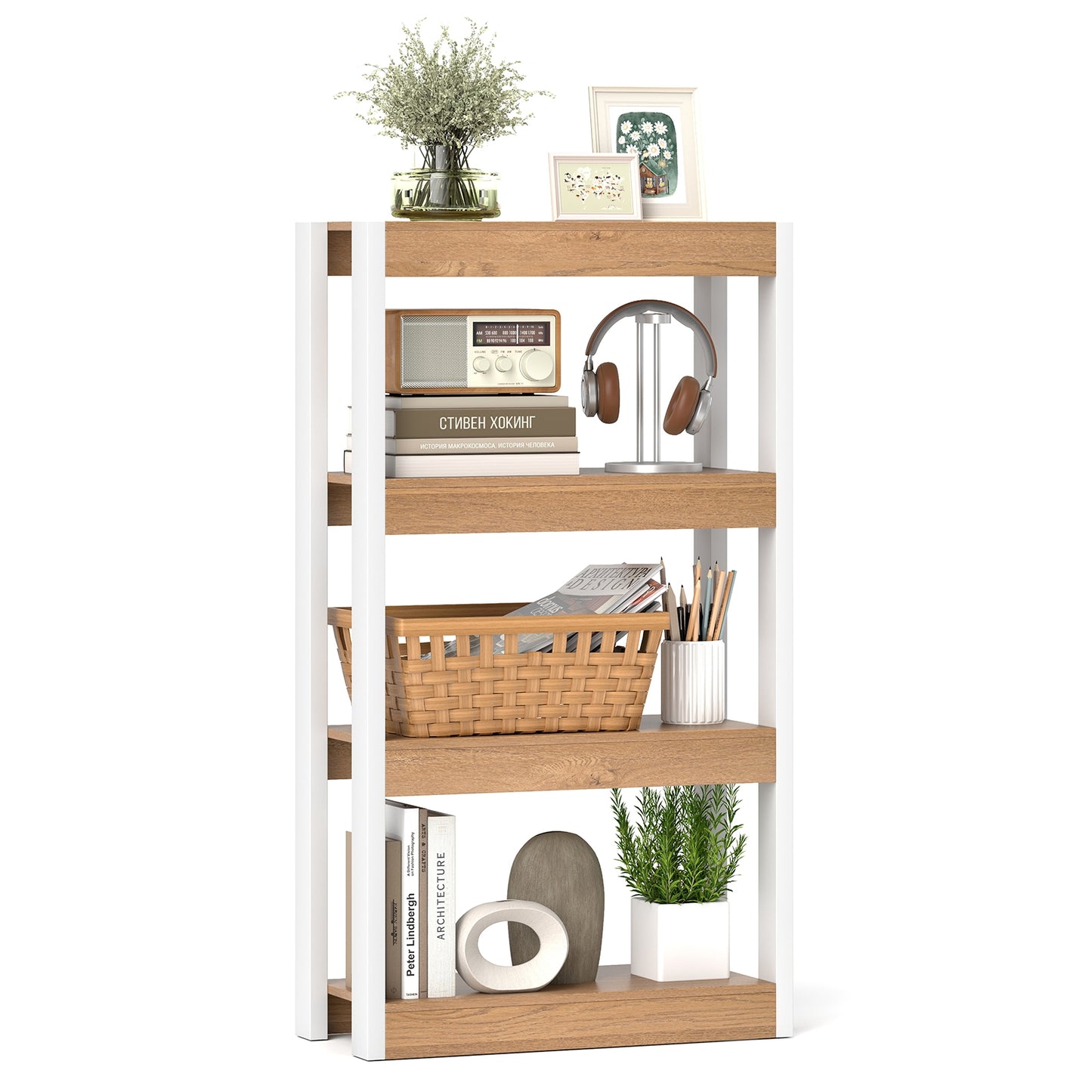 4 Tier Bookshelf Wooden Bookcase with Dual Anti-Tipping Kits-Natural Kids Crystal