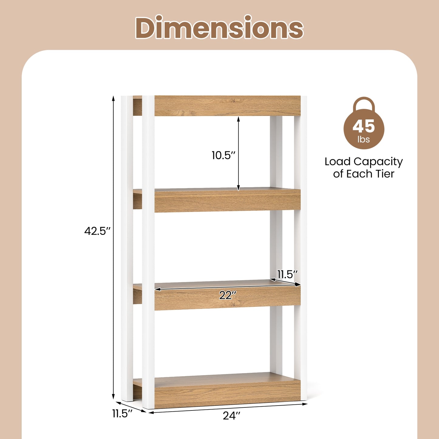 4 Tier Bookshelf Wooden Bookcase with Dual Anti-Tipping Kits-Natural Kids Crystal