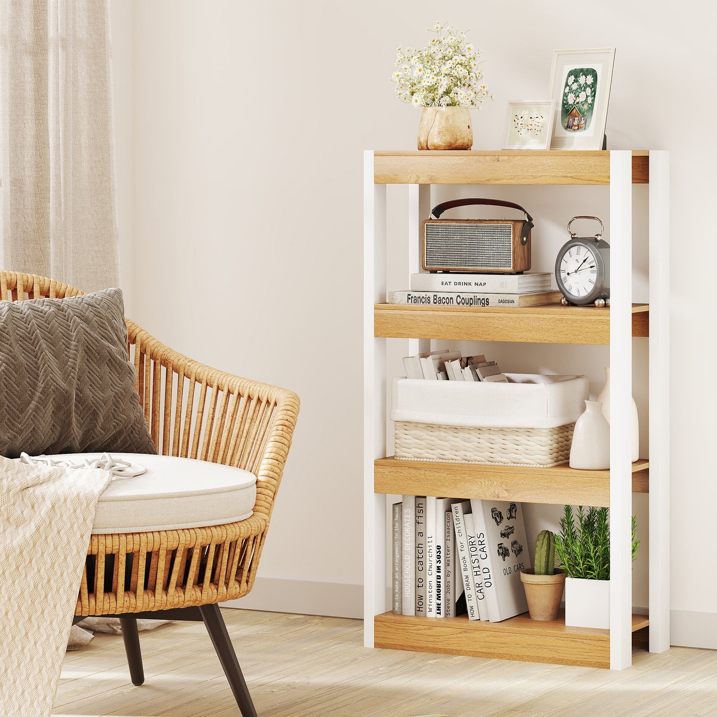 4 Tier Bookshelf Wooden Bookcase with Dual Anti-Tipping Kits-Natural Kids Crystal