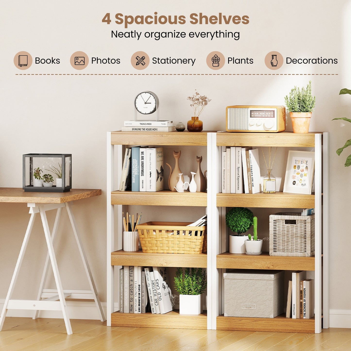 4 Tier Bookshelf Wooden Bookcase with Dual Anti-Tipping Kits-Natural Kids Crystal