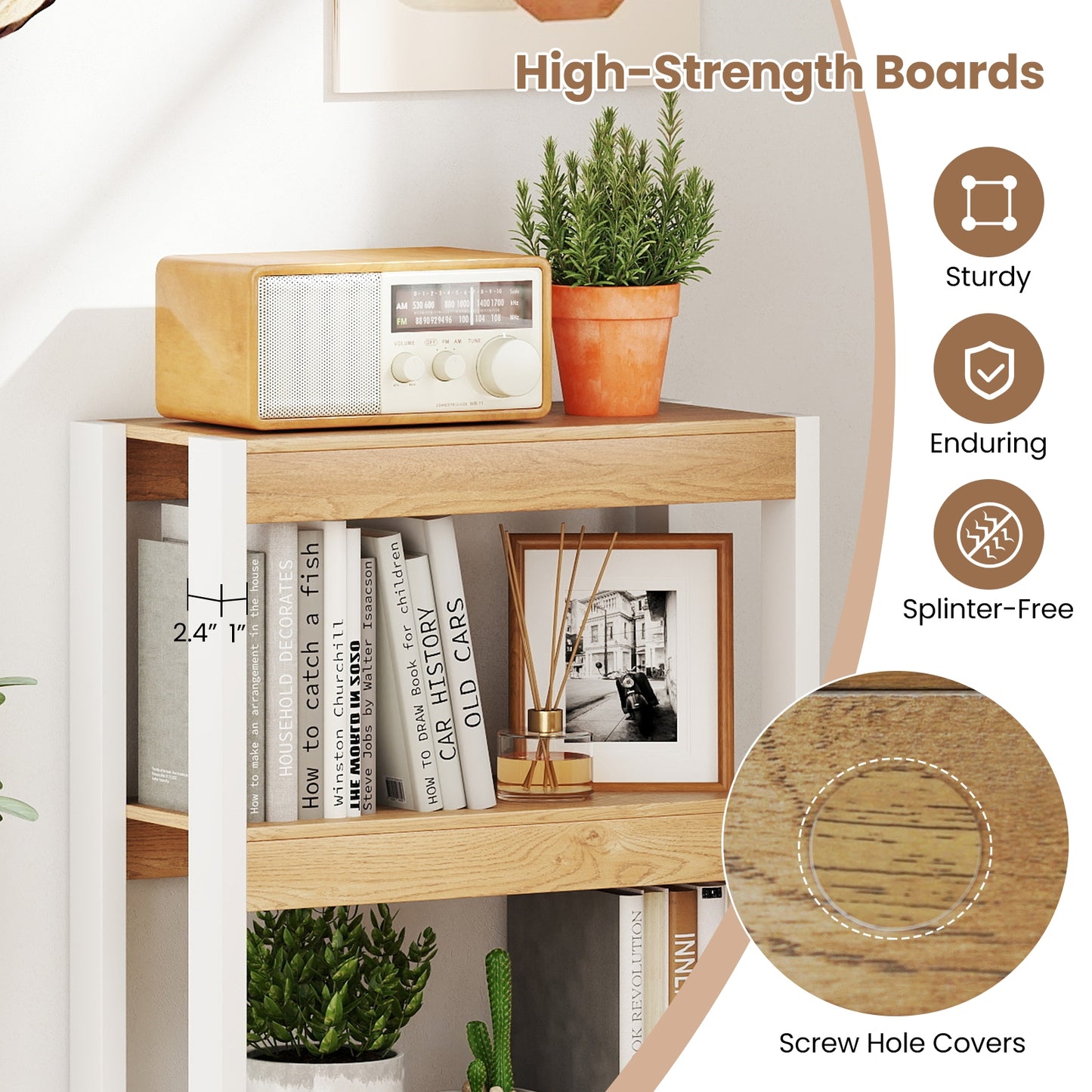 4 Tier Bookshelf Wooden Bookcase with Dual Anti-Tipping Kits-Natural Kids Crystal