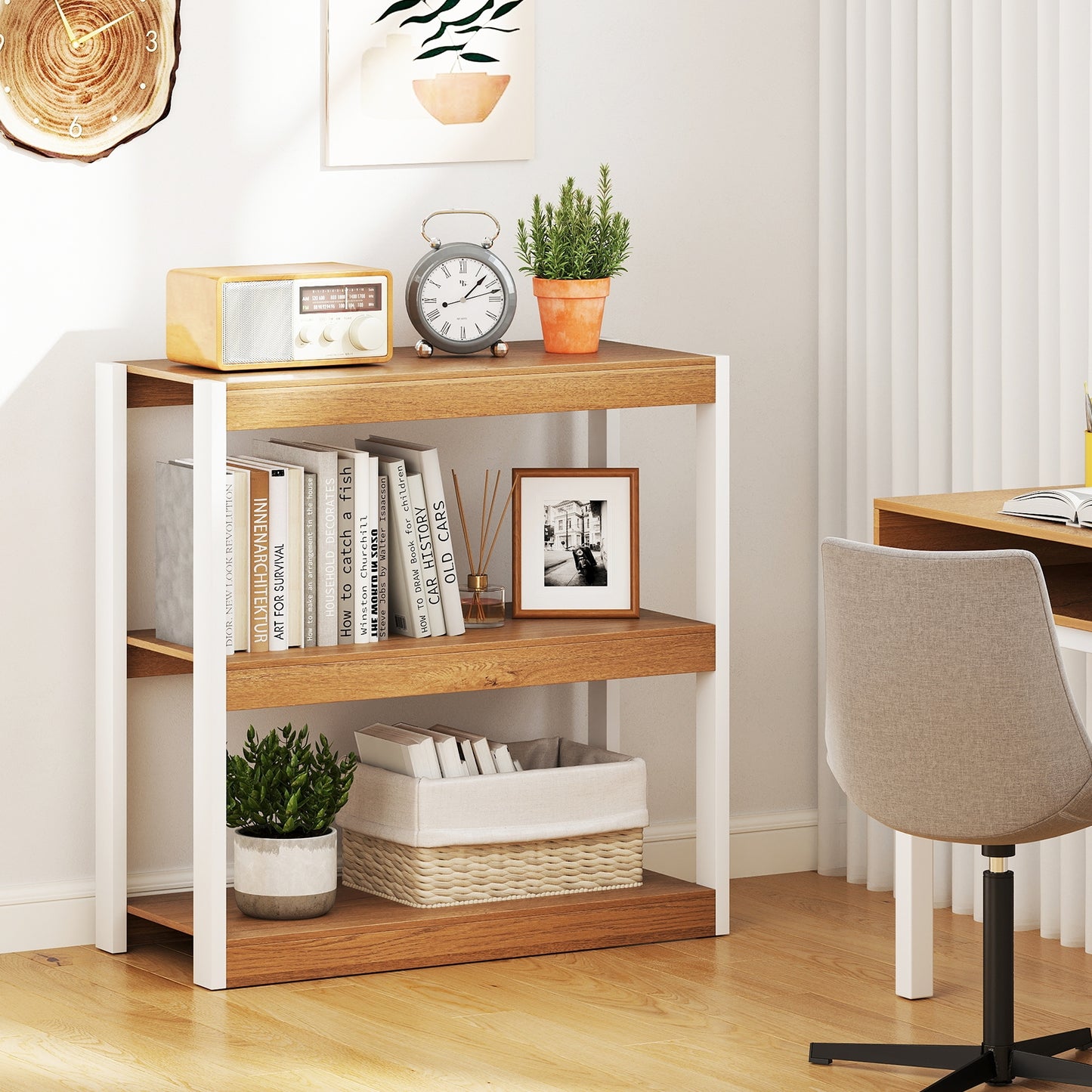 3 Tier Bookshelf Wooden Bookcase with Dual Anti-Tipping Kits-Natural Kids Crystal