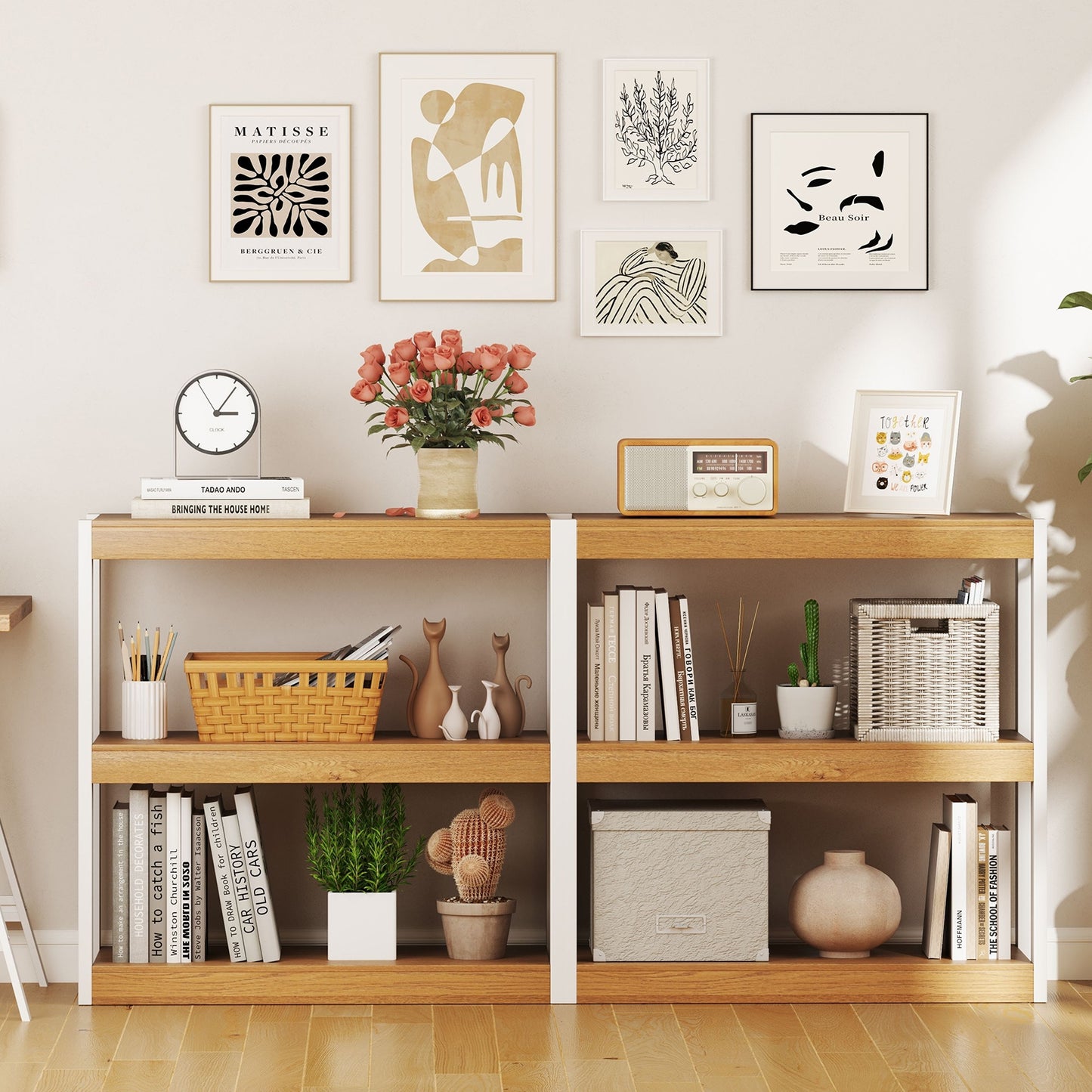 3 Tier Bookshelf Wooden Bookcase with Dual Anti-Tipping Kits-Natural Kids Crystal