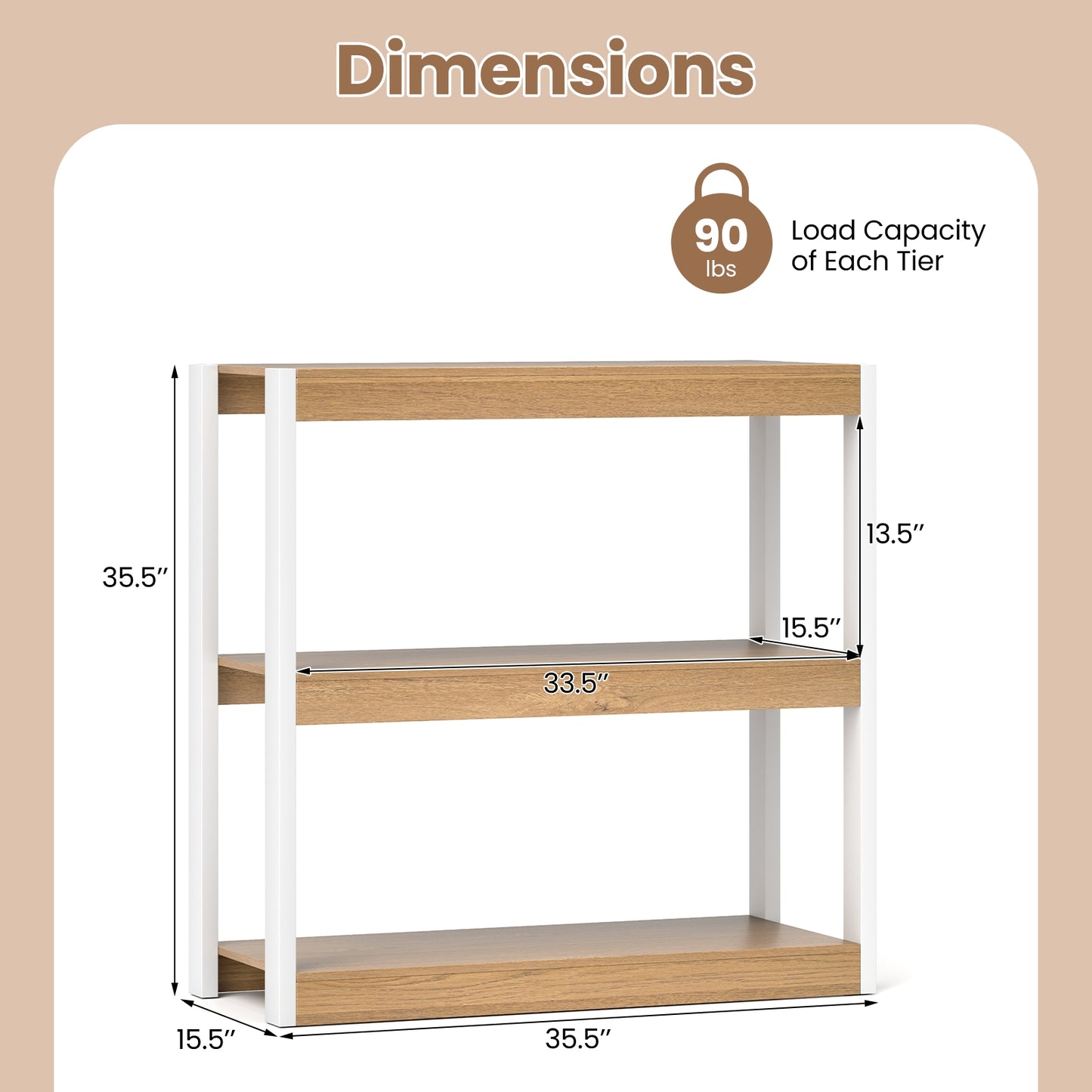 3 Tier Bookshelf Wooden Bookcase with Dual Anti-Tipping Kits-Natural Kids Crystal