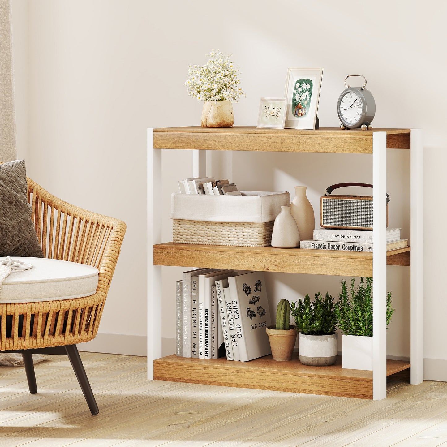 3 Tier Bookshelf Wooden Bookcase with Dual Anti-Tipping Kits-Natural Kids Crystal