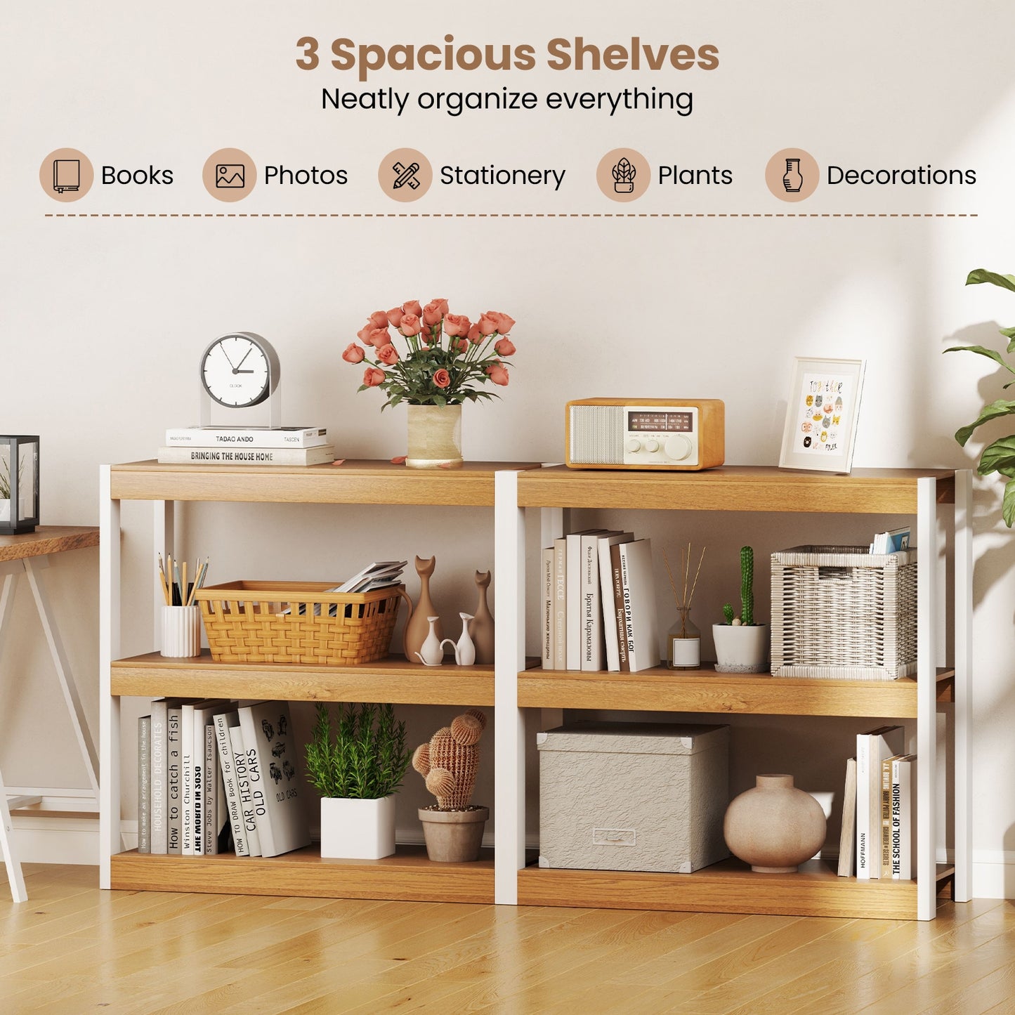 3 Tier Bookshelf Wooden Bookcase with Dual Anti-Tipping Kits-Natural Kids Crystal