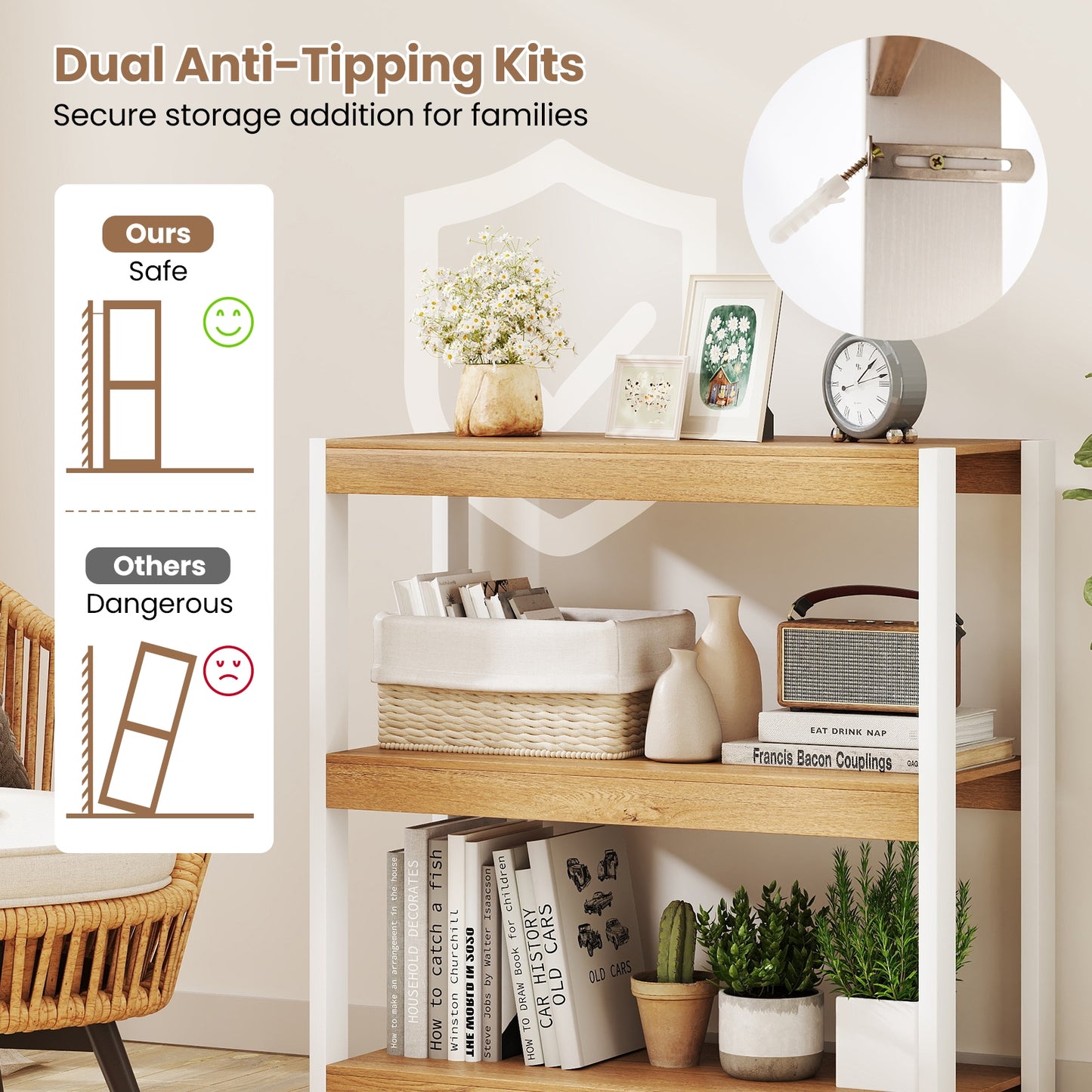 3 Tier Bookshelf Wooden Bookcase with Dual Anti-Tipping Kits-Natural Kids Crystal