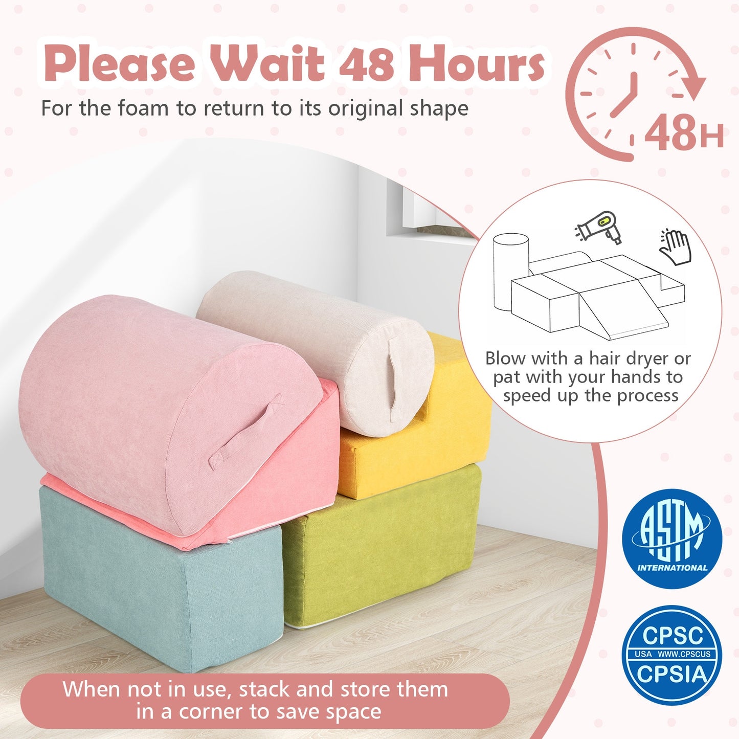 6-Piece Baby Climbing Blocks with 30D High-Density Foam and Carrying Handles-Macaron Multicolor Kids Crystal