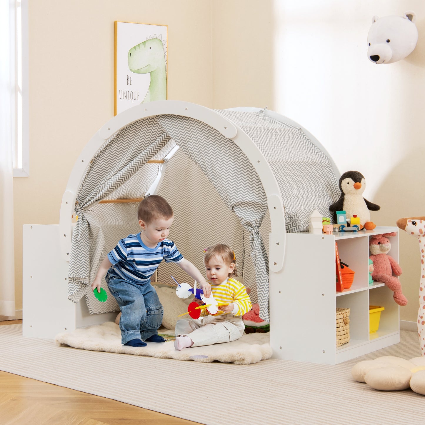Wooden Kids Play Tent with Curtain Shades and 8 Cubbies-White Kids Crystal