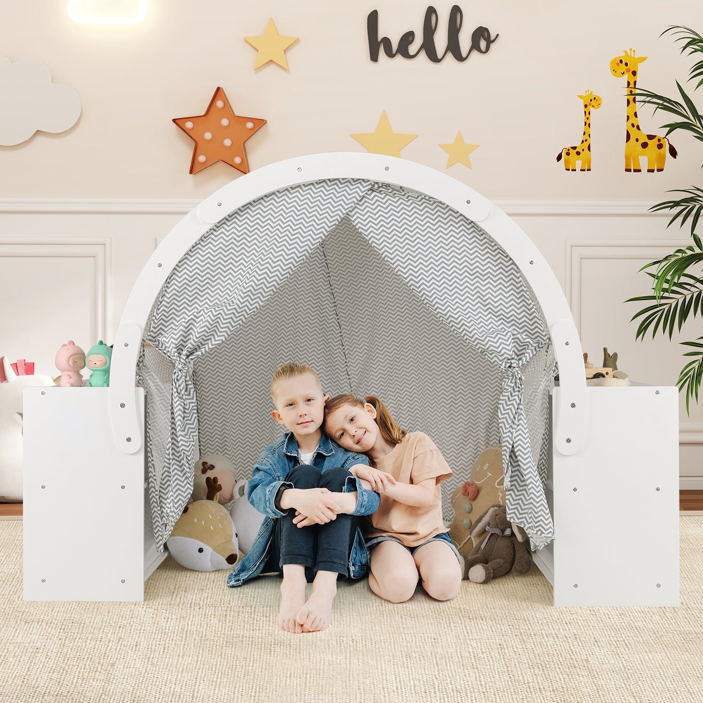 Wooden Kids Play Tent with Curtain Shades and 8 Cubbies-White Kids Crystal