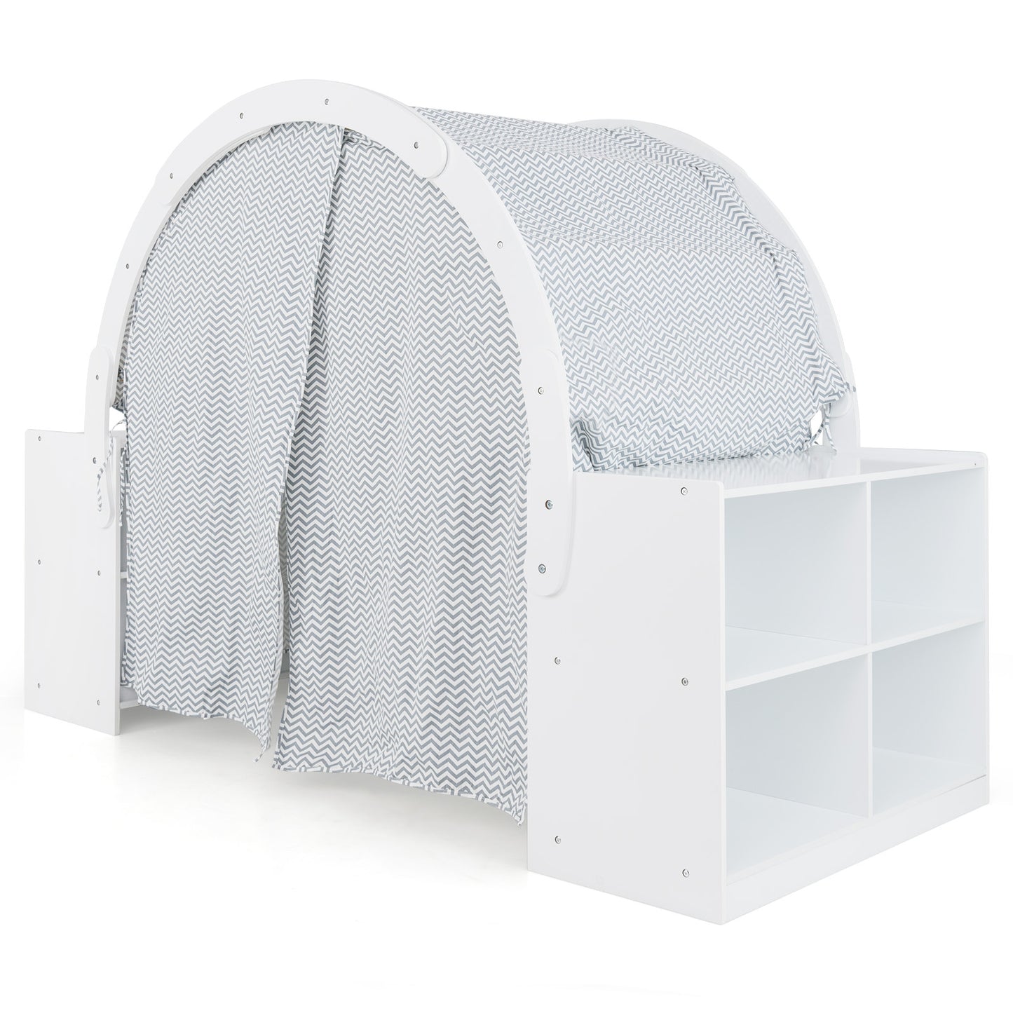 Wooden Kids Play Tent with Curtain Shades and 8 Cubbies-White Kids Crystal