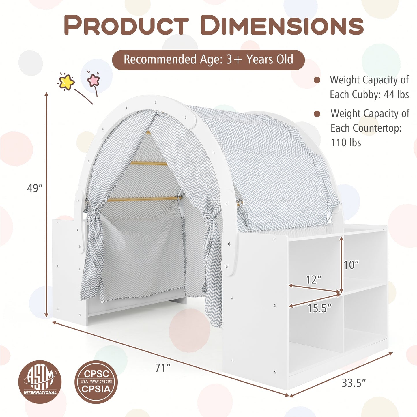 Wooden Kids Play Tent with Curtain Shades and 8 Cubbies-White Kids Crystal