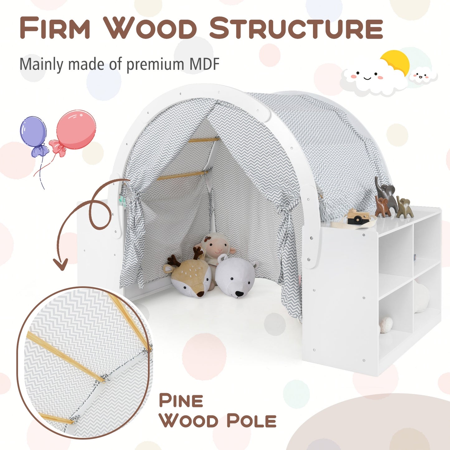 Wooden Kids Play Tent with Curtain Shades and 8 Cubbies-White Kids Crystal
