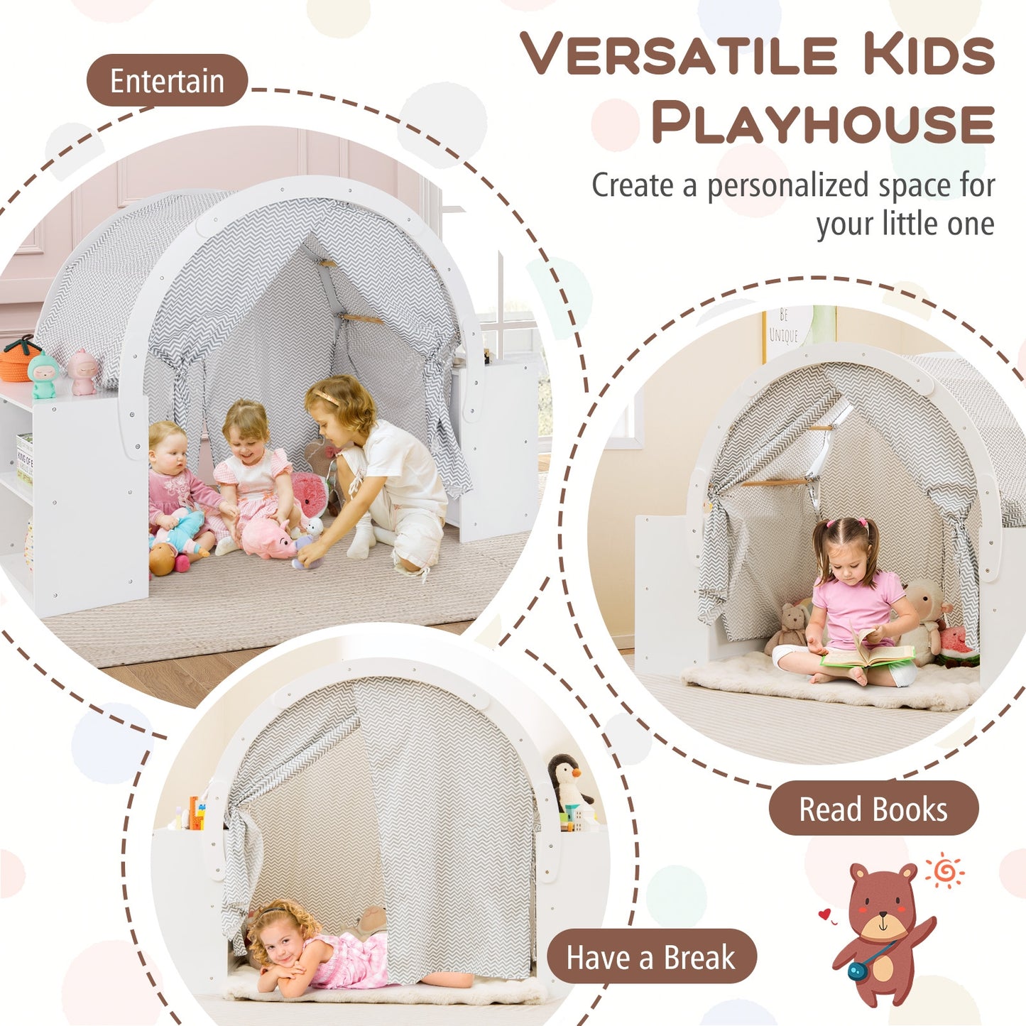 Wooden Kids Play Tent with Curtain Shades and 8 Cubbies-White Kids Crystal
